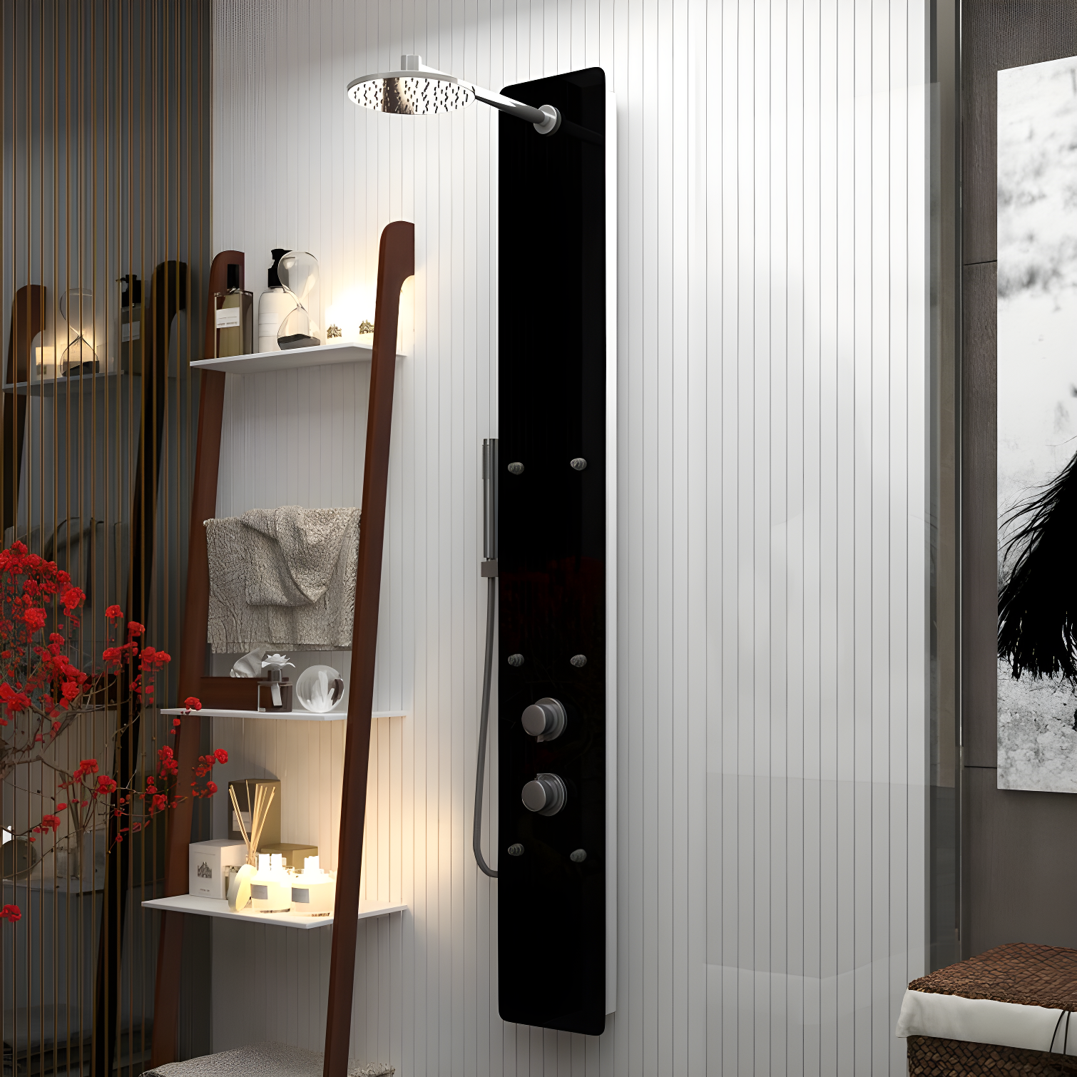 Greenspring 6-Jet Rainfall Shower Panel System With Spa Jets Rainfall Waterfall Shower Head And Shower Wand Marble Finish In Black GSP42D