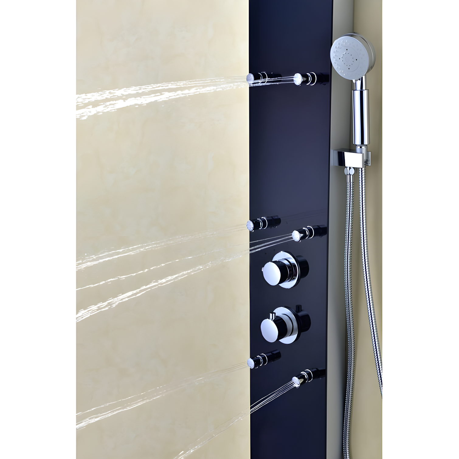 Greenspring 6-Jet Rainfall Shower Panel System With Spa Jets Rainfall Waterfall Shower Head And Shower Wand Marble Finish In Black GSP42D