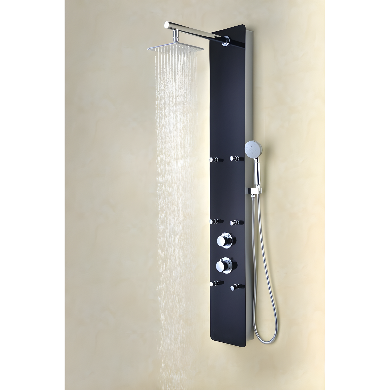 Greenspring 6-Jet Rainfall Shower Panel System With Spa Jets Rainfall Waterfall Shower Head And Shower Wand Marble Finish In Black GSP42D