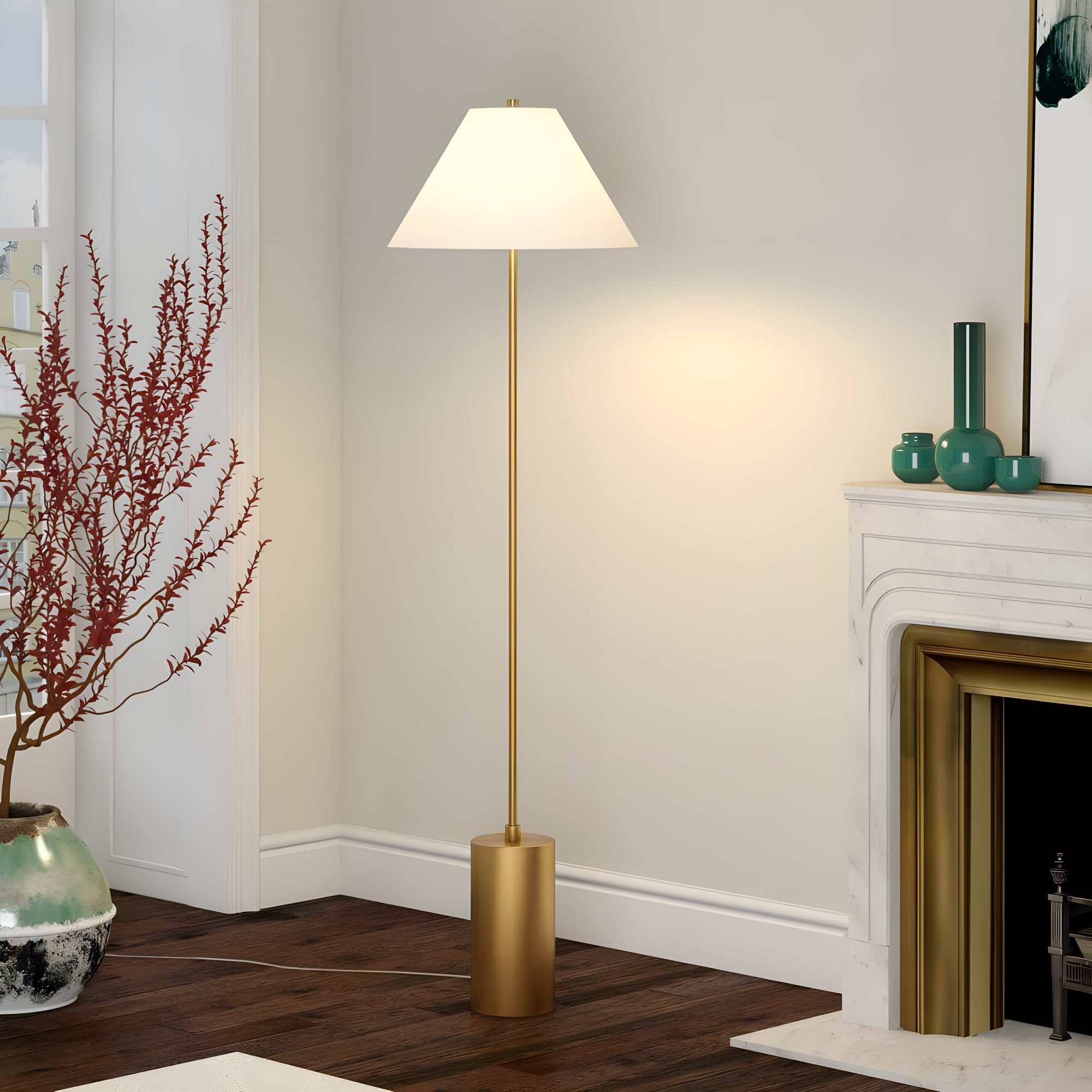 Evelyn&Zoe Somerset 64" Tall Floor Lamp with Empire Fabric Shade, Brass/White