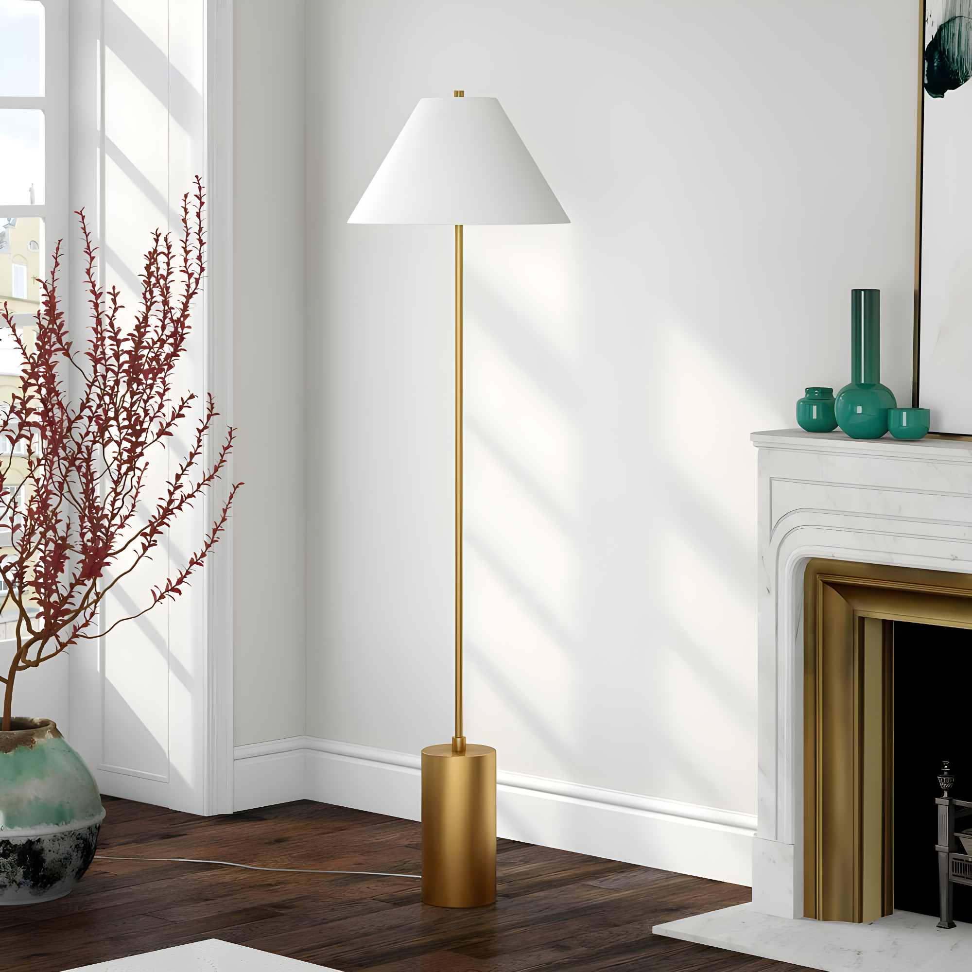 Evelyn&Zoe Somerset 64" Tall Floor Lamp with Empire Fabric Shade, Brass/White