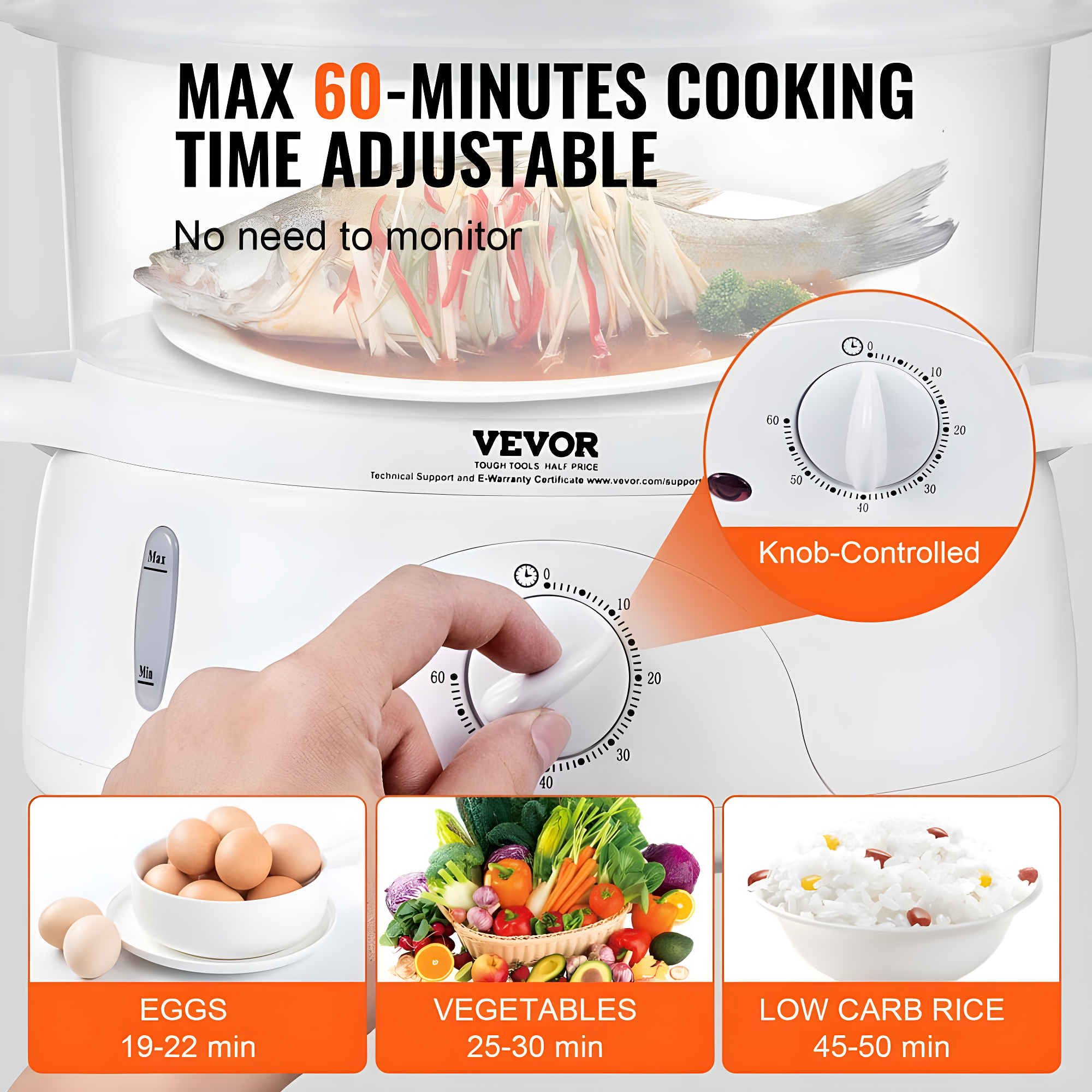 VEVOR VEVOR 7.4Qt Electric Food Steamer 2-Tier Vegetable Steamer & 60 Min Timer 800W