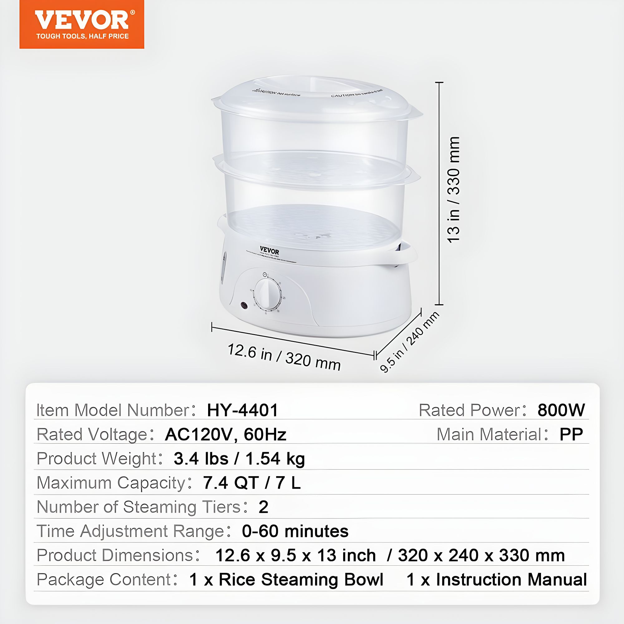 VEVOR VEVOR 7.4Qt Electric Food Steamer 2-Tier Vegetable Steamer & 60 Min Timer 800W