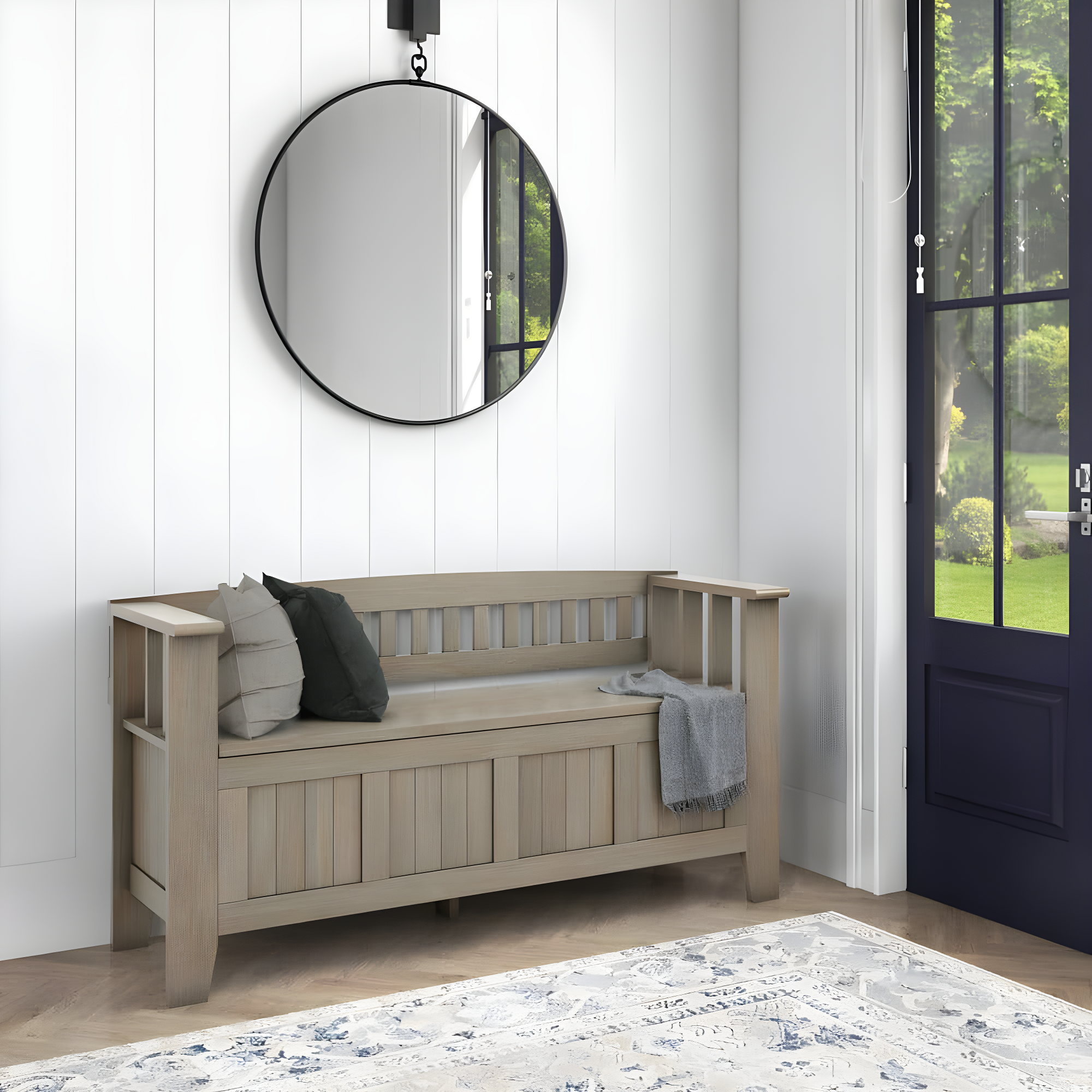 Simpli Home Acadian Solid Wood Entryway Storage Bench with Lift-Top Lid and Dual Compartments