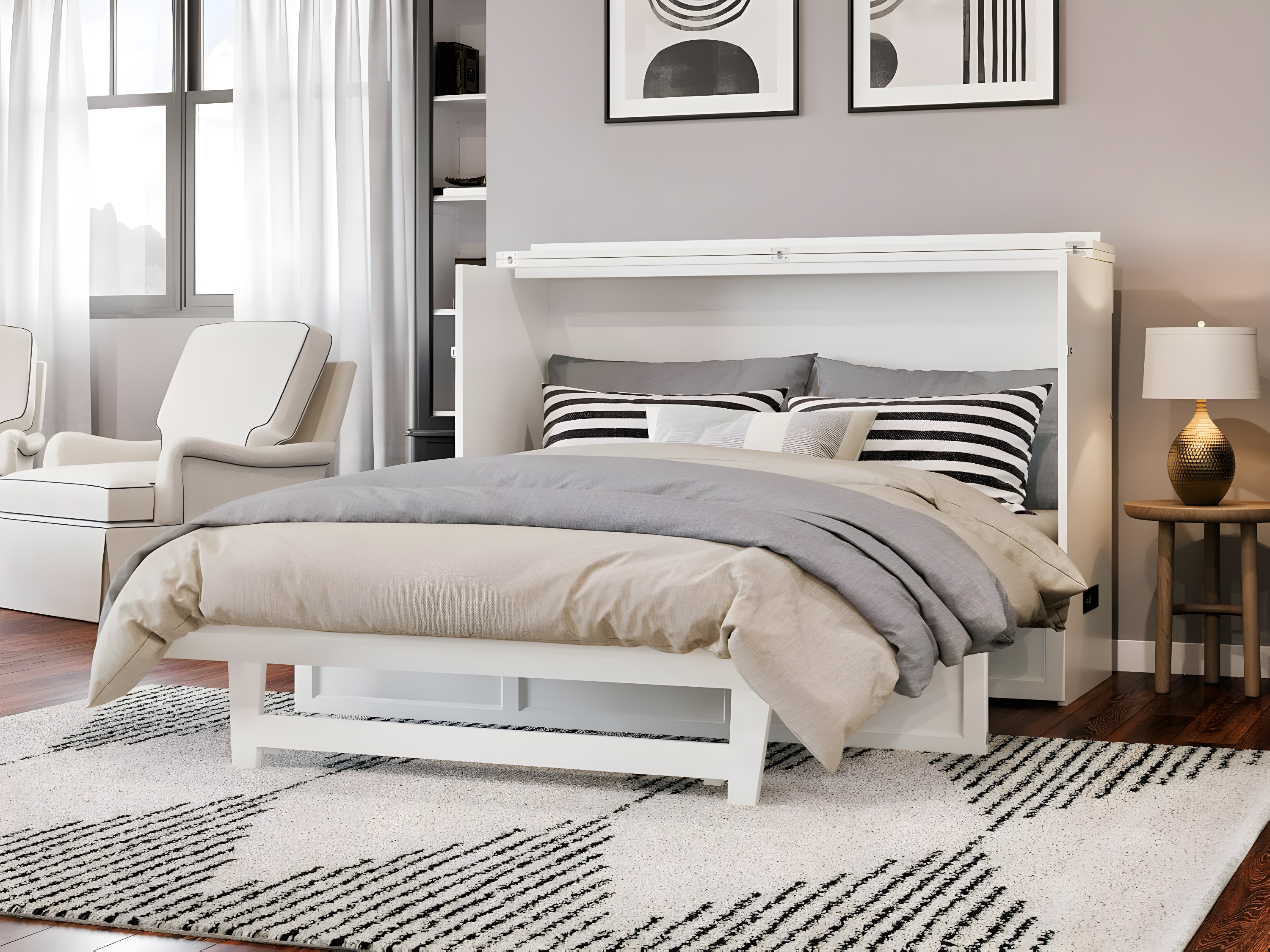 Northfield Queen Solid Wood Modern Murphy Bed Chest with Mattress in White