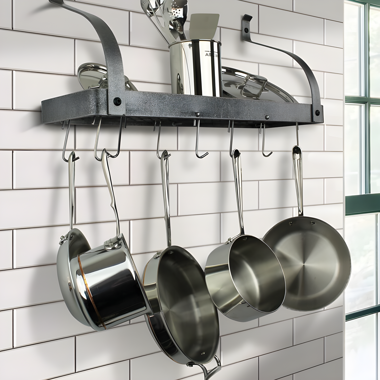 Handcrafted Gourmet Bookshelf Wall Rack with Curved Arms & 12 Hooks