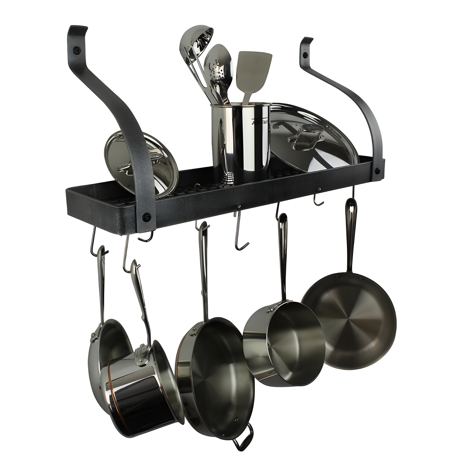 Handcrafted Gourmet Bookshelf Wall Rack with Curved Arms & 12 Hooks