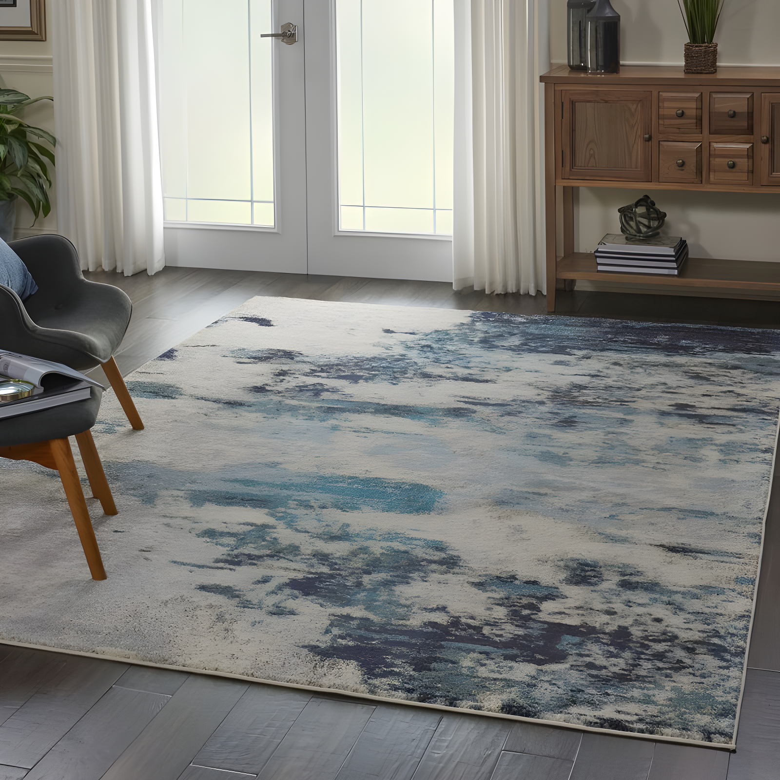 Celestial CES02 Area Rug Colorful Contemporary Abstract By Nourison Ivory Teal Blue 7' x 10'
