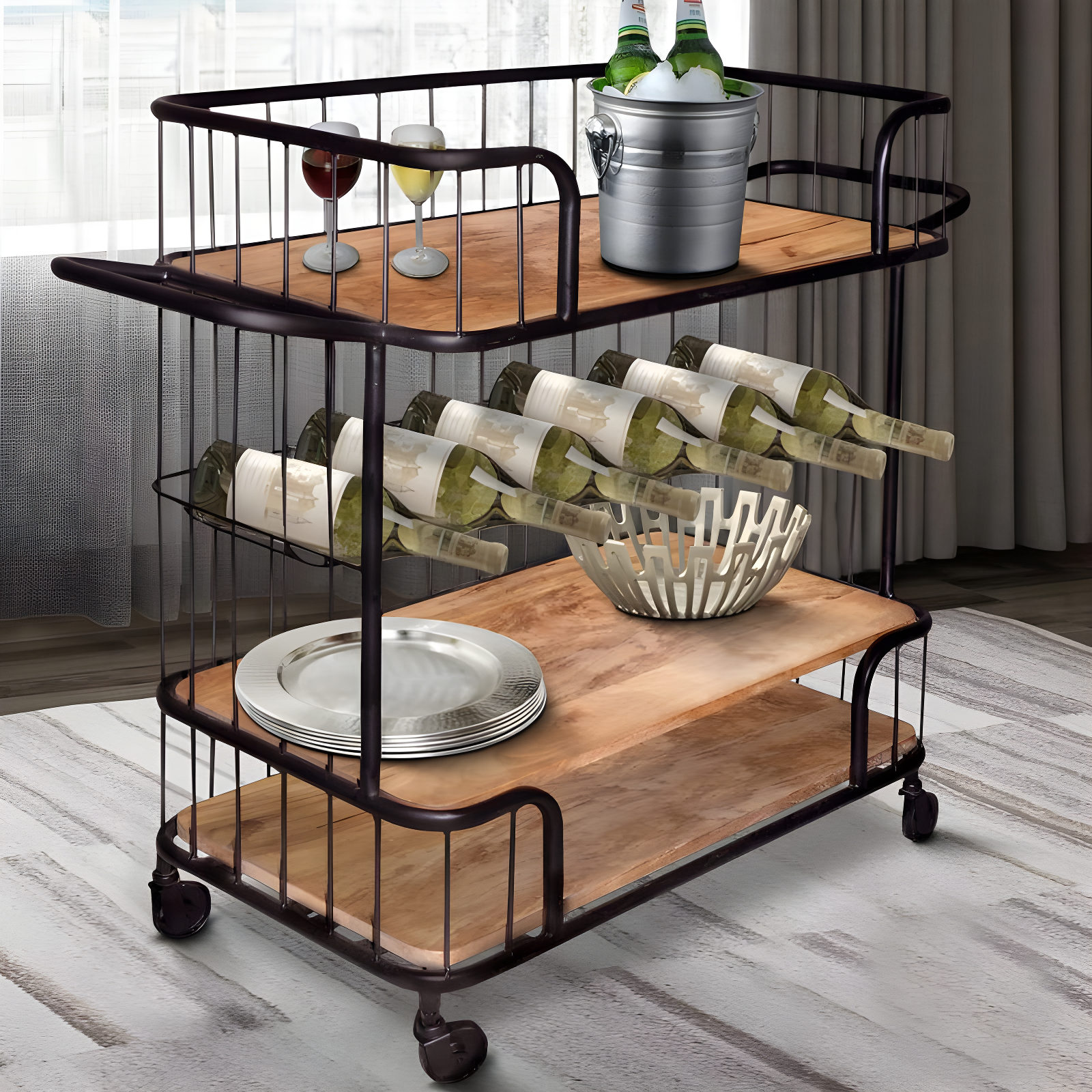 2 Shelves and Metal Frame Bar Cart with Wooden Top Black/Brown - The Urban Port
