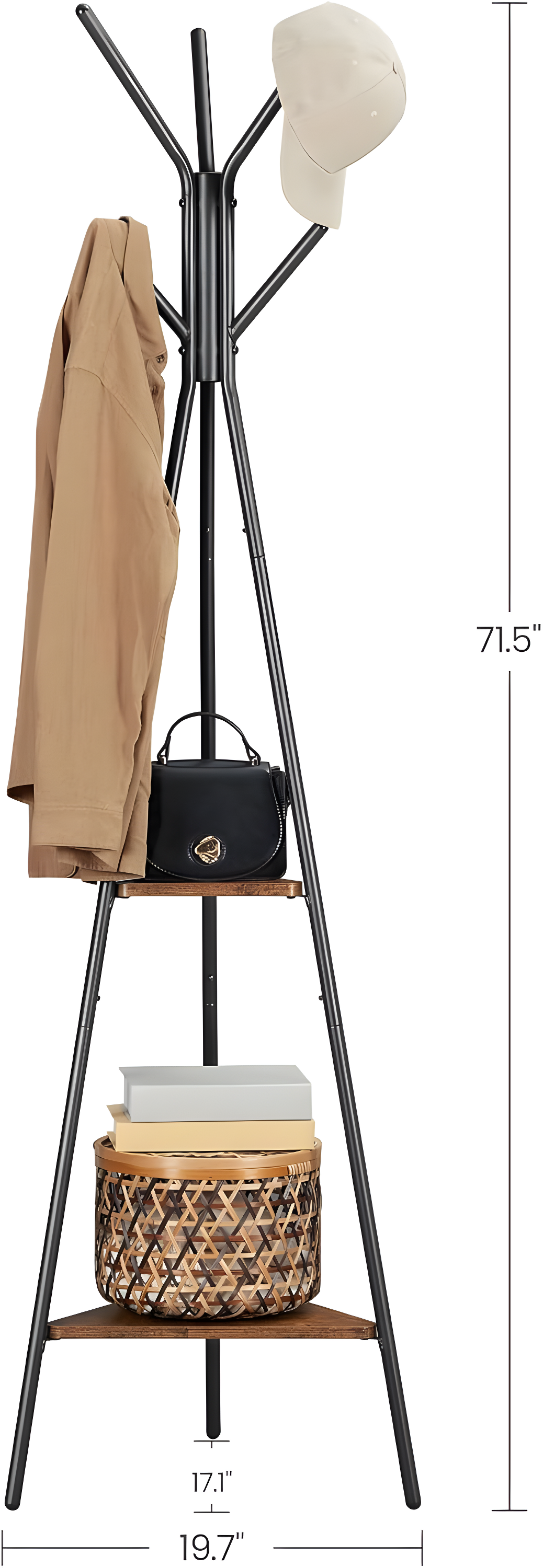 Coat Rack Freestanding Coat Hanger Stand Hall Tree with 2 Shelves for Clothes Hat Bag Rustic Brown and Black