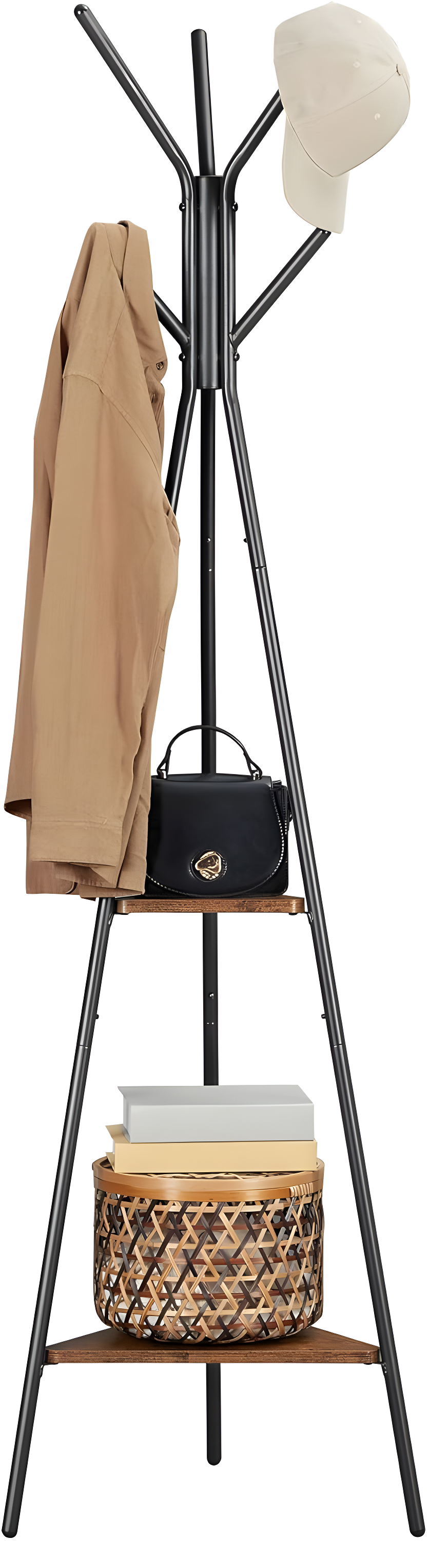 Coat Rack Freestanding Coat Hanger Stand Hall Tree with 2 Shelves for Clothes Hat Bag Rustic Brown and Black