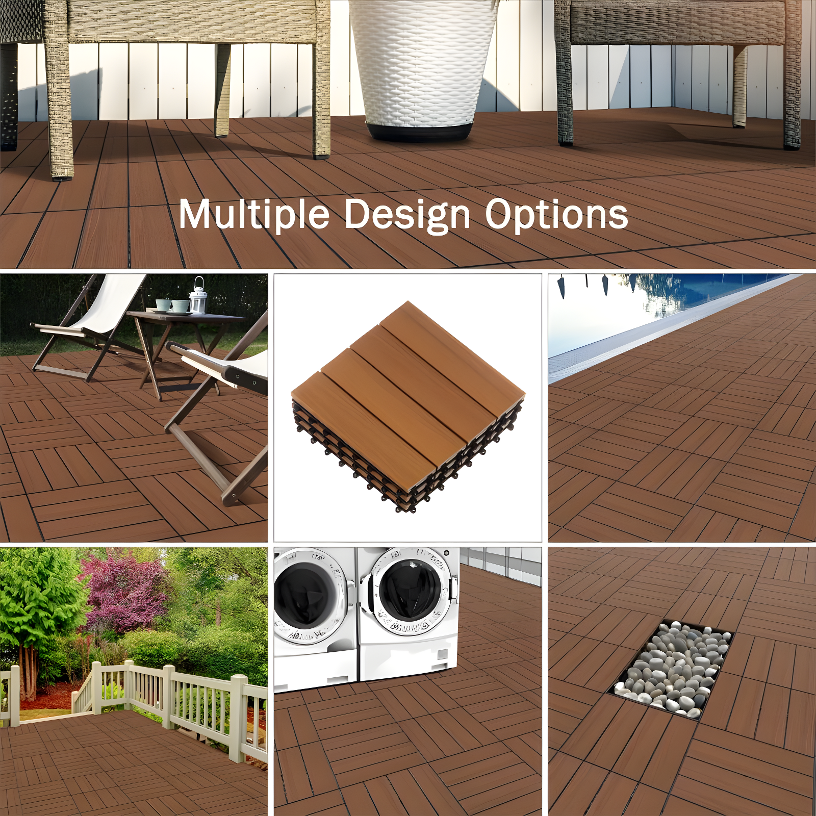 Deck Tiles - 6-Pack Wood Plastic Composite Interlocking Patio Tiles - 5.8SQFT Outdoor Flooring for Balcony, Porch, and Garage by Pure Garden