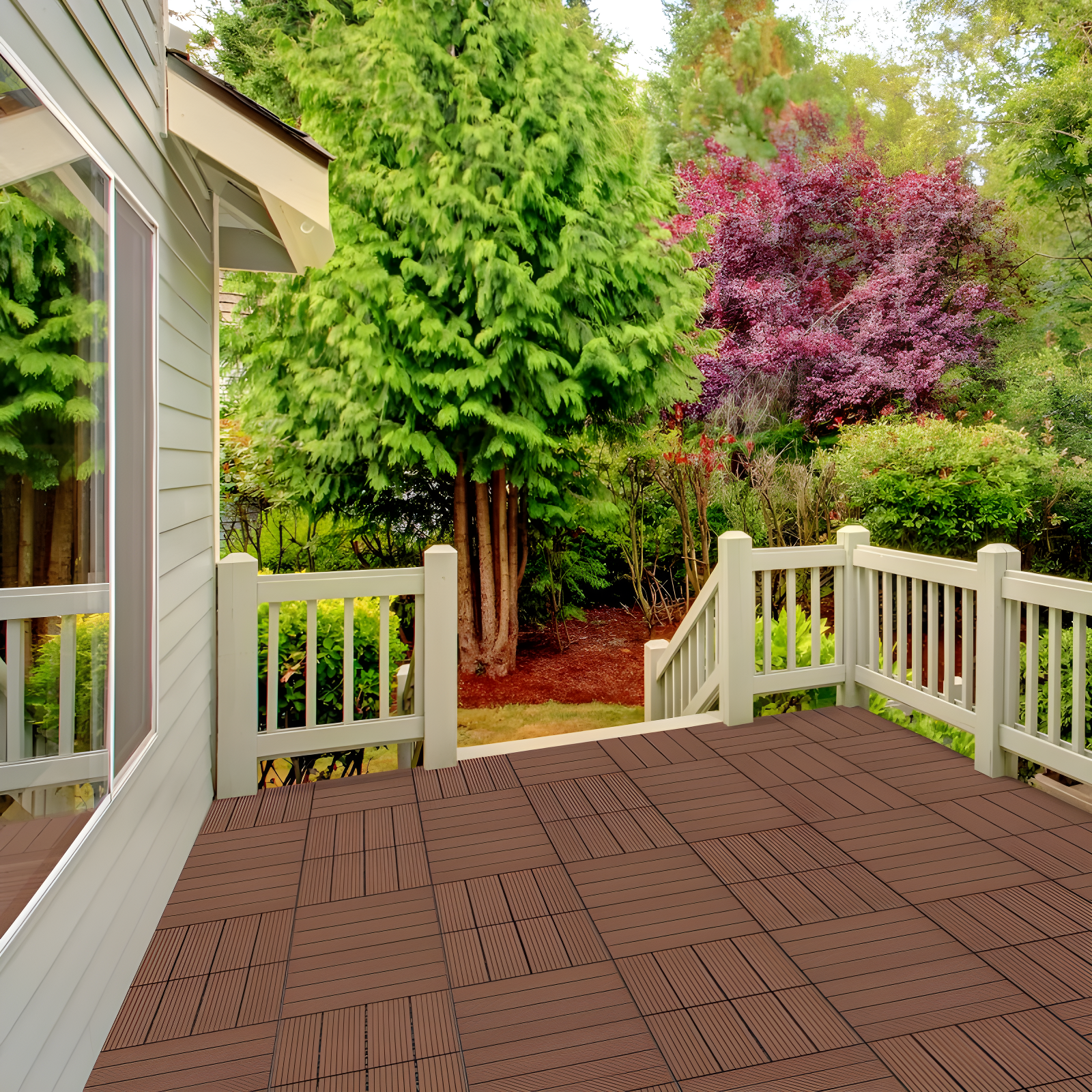 Deck Tiles - 6-Pack Wood Plastic Composite Interlocking Patio Tiles - 5.8SQFT Outdoor Flooring for Balcony, Porch, and Garage by Pure Garden