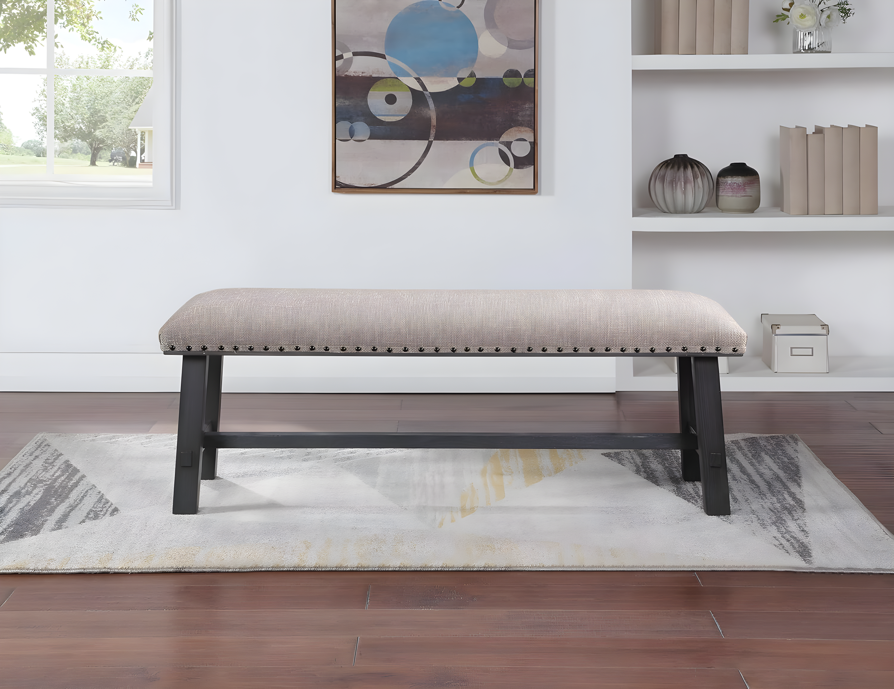 Callen Bench with Antique Gray Frame and Bronze Nailhead Trim in Gray Fabric