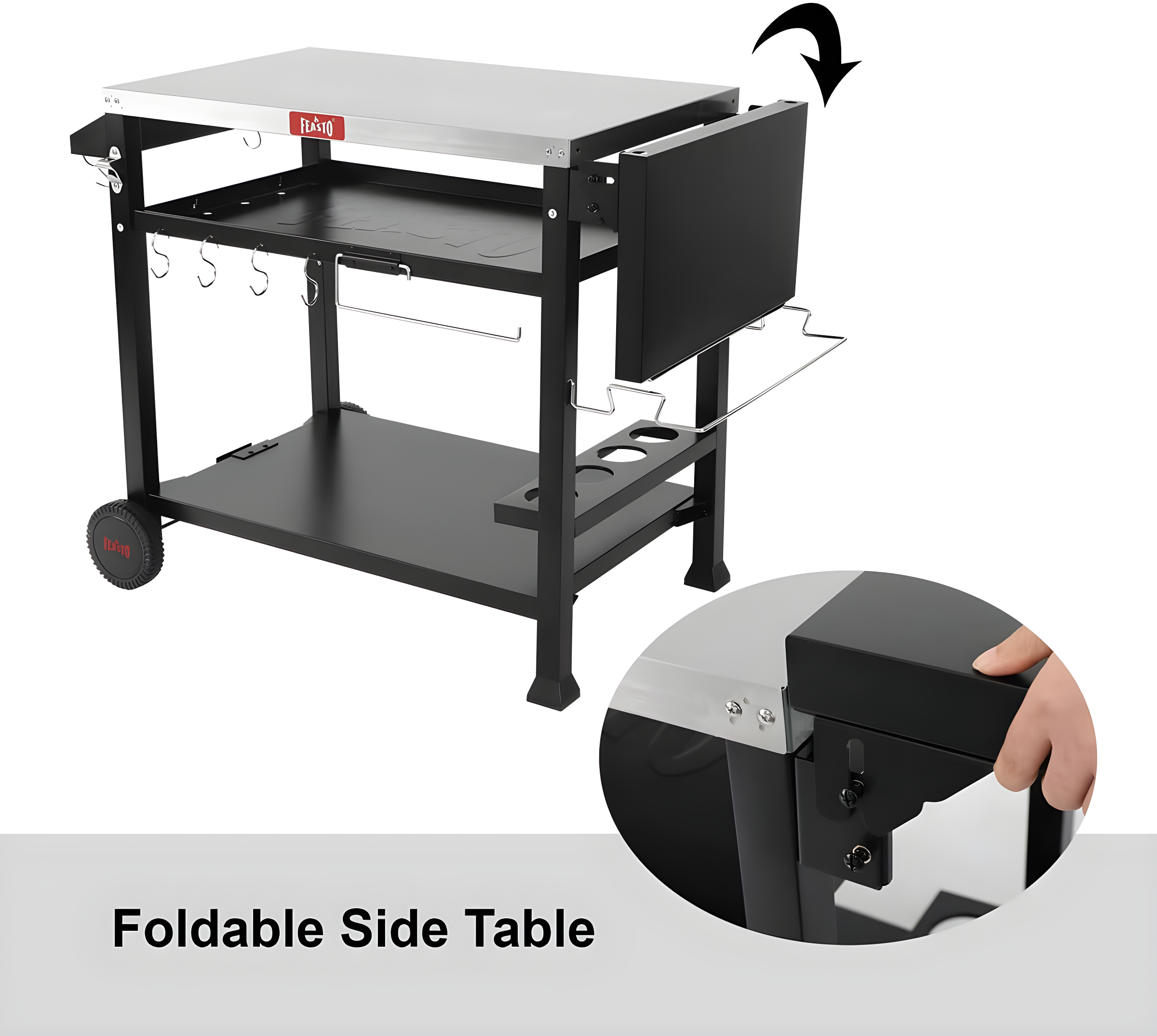 Feasto 50 in. Three-Shelf Stainless Outdoor Movable Food Prep Grill Cart Table with Fordable Side Table