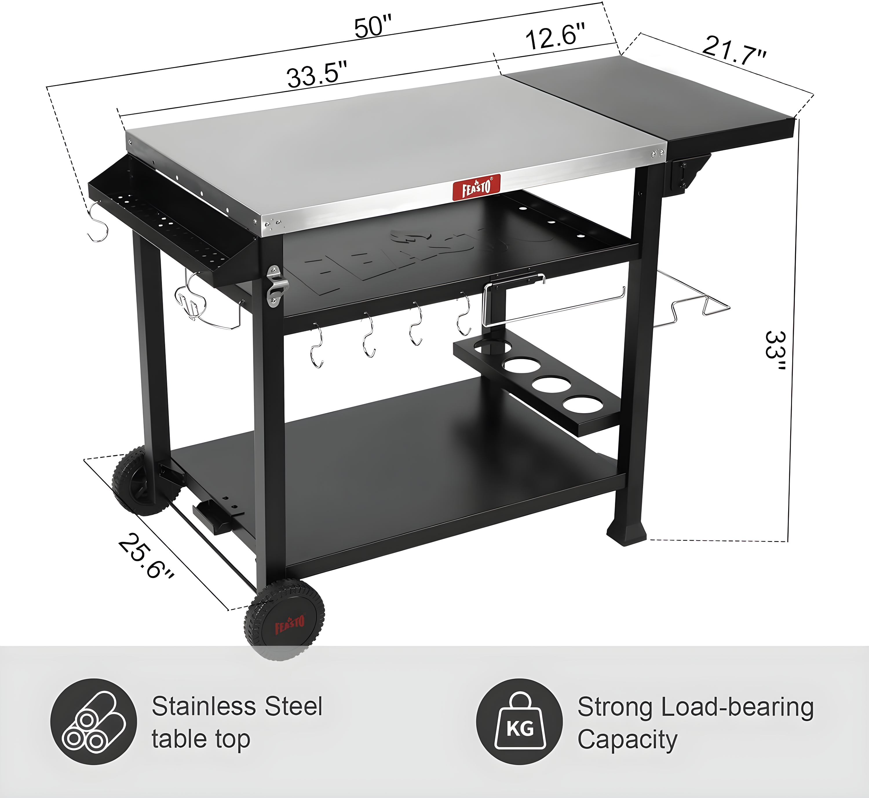 Feasto 50 in. Three-Shelf Stainless Outdoor Movable Food Prep Grill Cart Table with Fordable Side Table