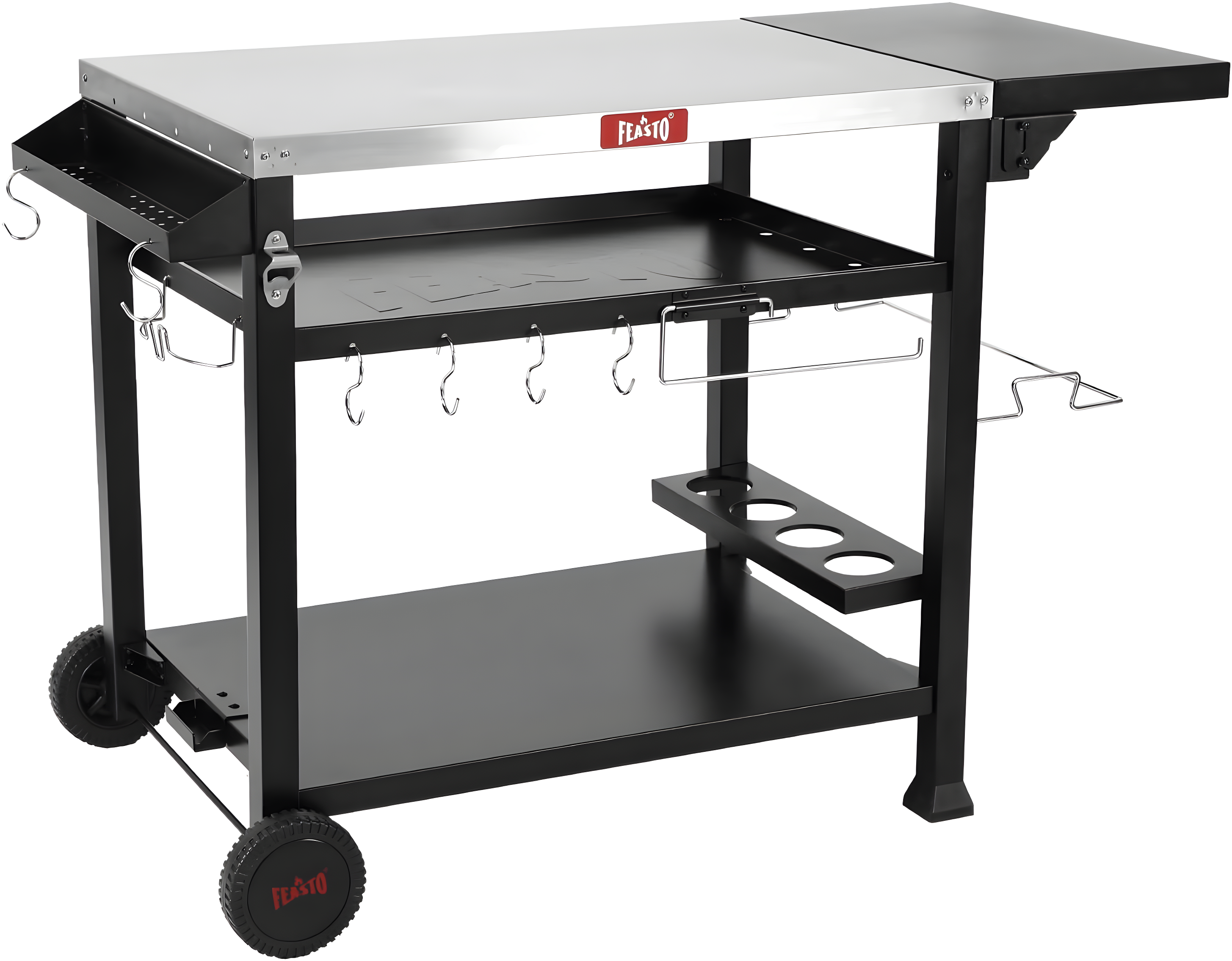Feasto 50 in. Three-Shelf Stainless Outdoor Movable Food Prep Grill Cart Table with Fordable Side Table