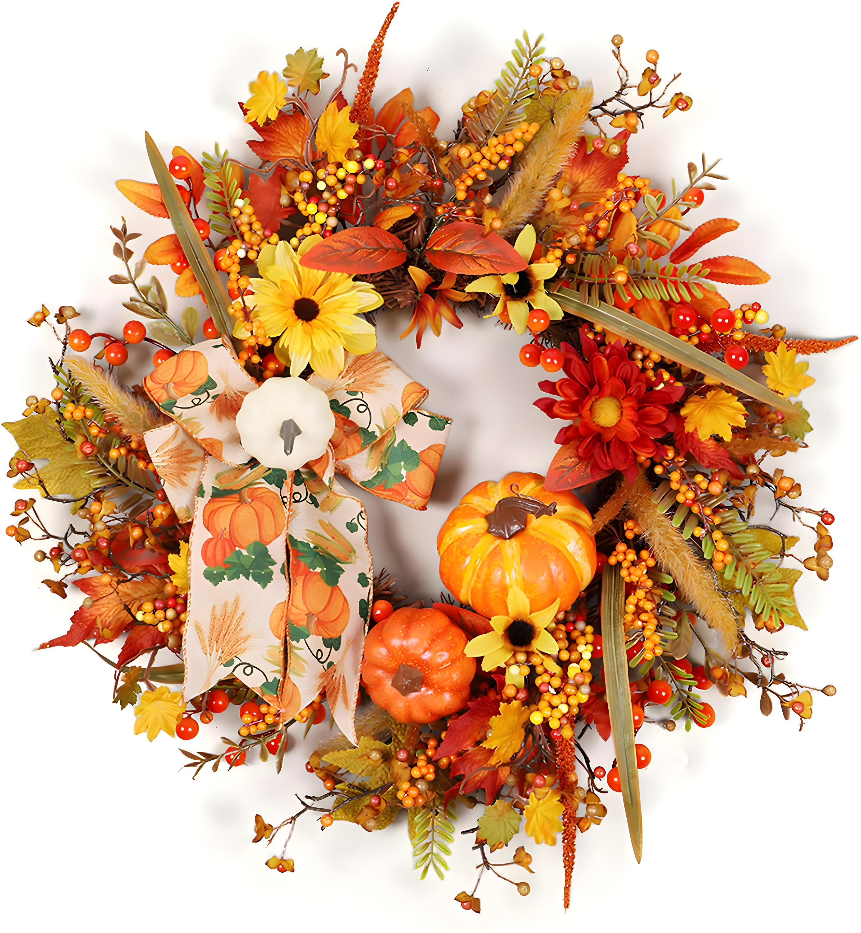 Fall Wreath 20’’ Autumn Front Door Wreath Harvest Wreath with Sunflower Pumpkins Berries Maple Leaves Daisies for Outside Indoor Home Wall Festival Thanksgiving Autumn Farmhouse Decor