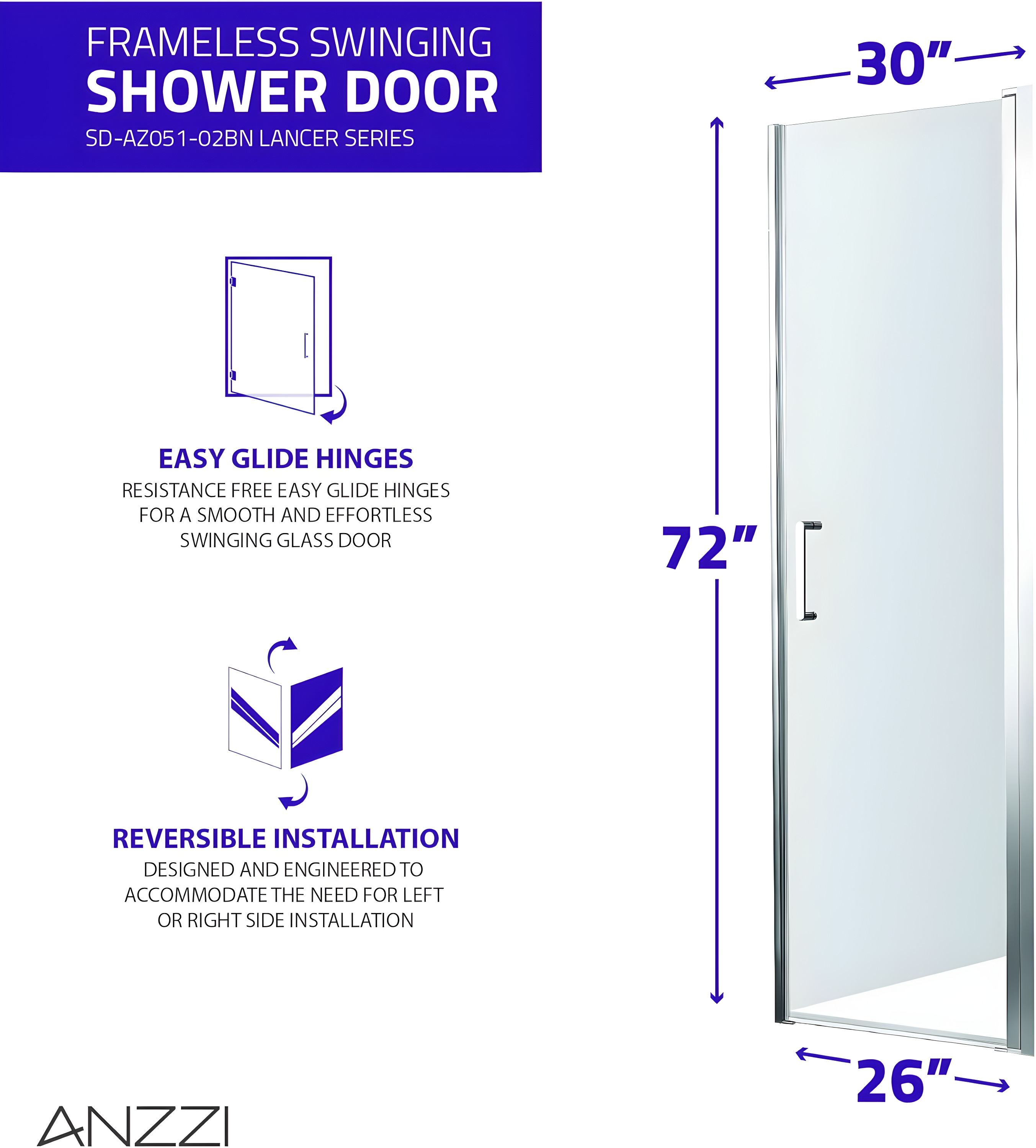 Lancer Series 29" W x 72" H Hinged Semi-Frameless Shower Door