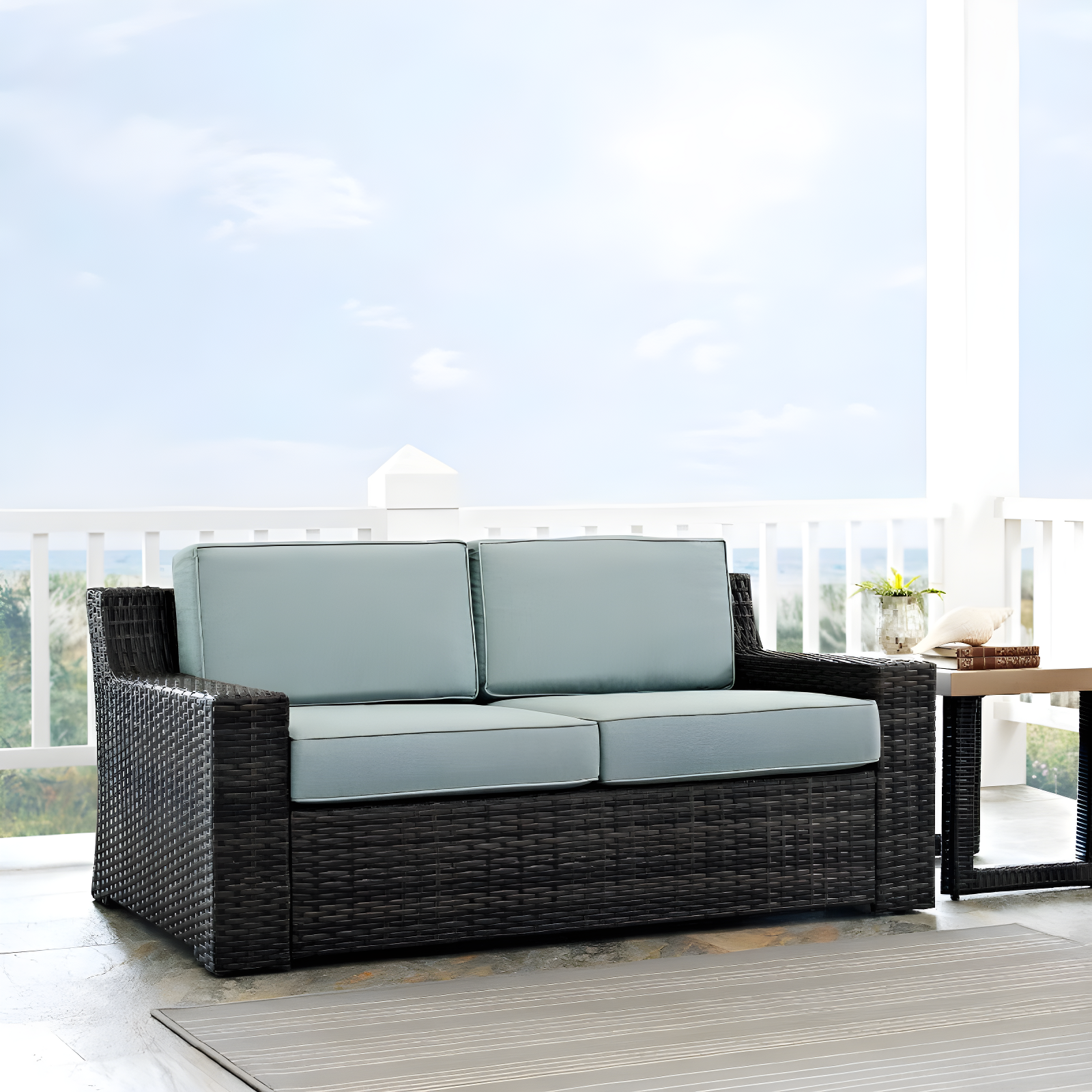 Beaufort Outdoor Wicker Loveseat - Mist - Crosley: Powder-Coated Steel Frame, UV-Resistant, with Foam Cushions