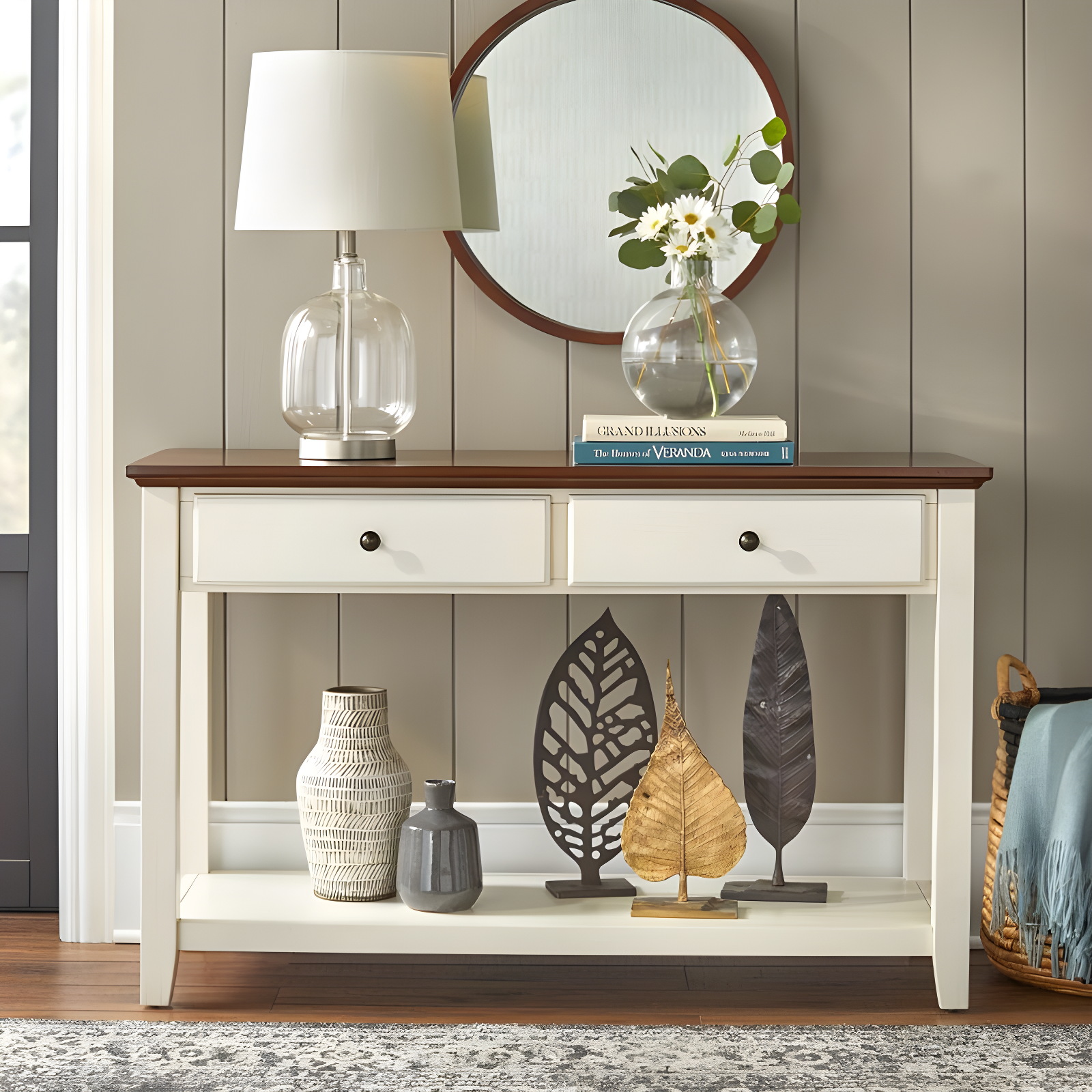 Charleston Sofa Table Off White/Chestnut - Buylateral: 2 Drawers, Lower Shelf, Mid-Century Modern