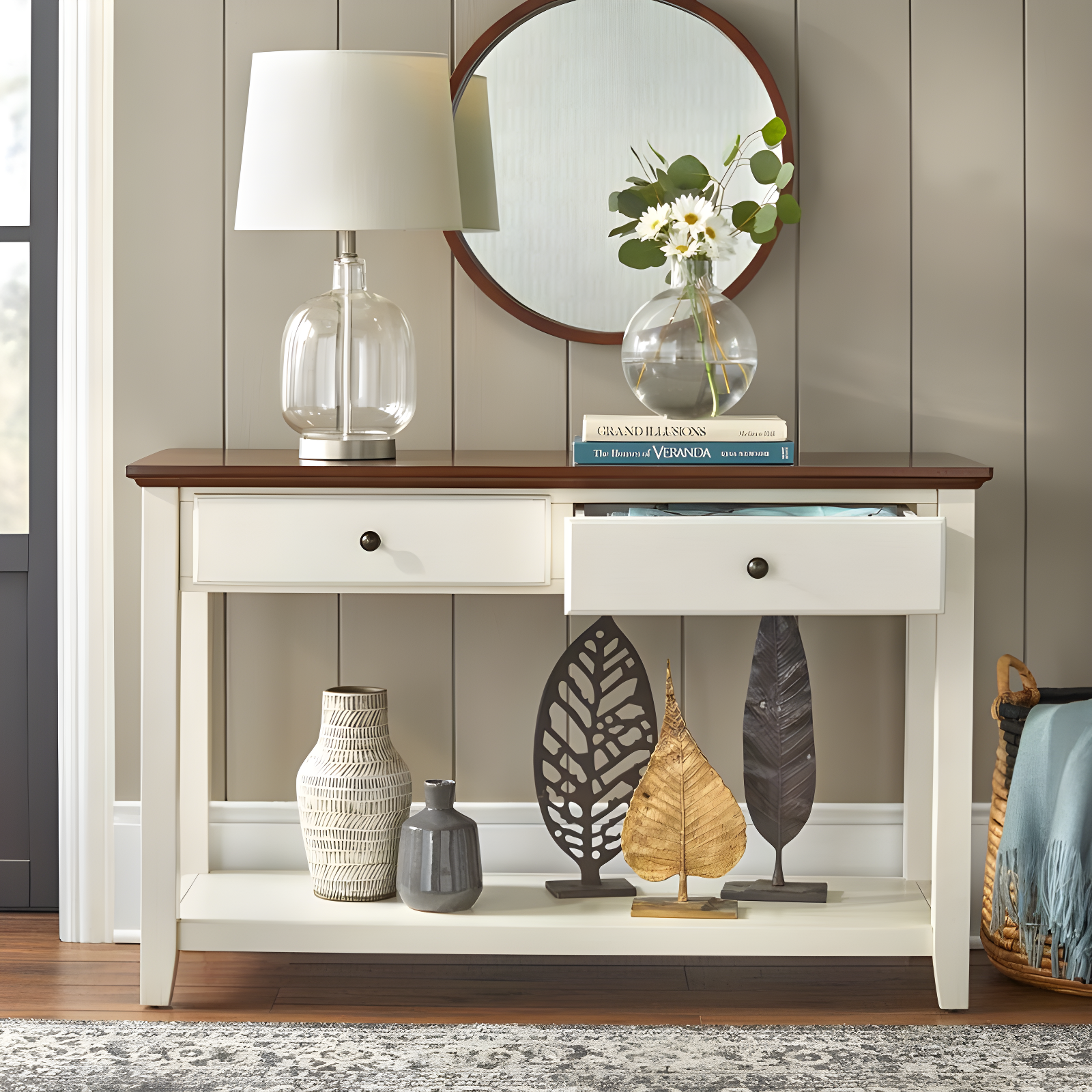 Charleston Sofa Table Off White/Chestnut - Buylateral: 2 Drawers, Lower Shelf, Mid-Century Modern