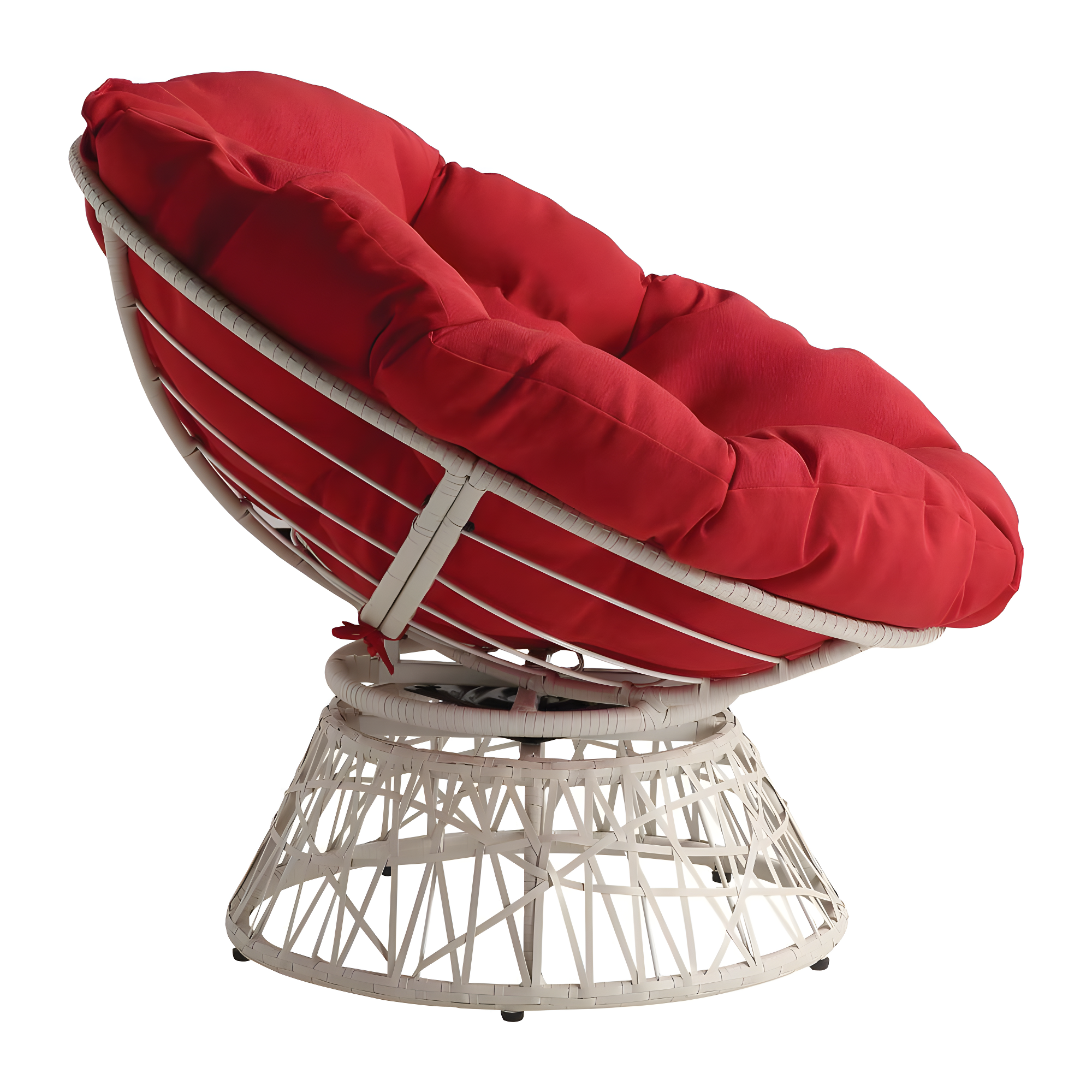 Papasan Chair with Red Round Fabric Pillow Cushion and Cream Wicker Weave
