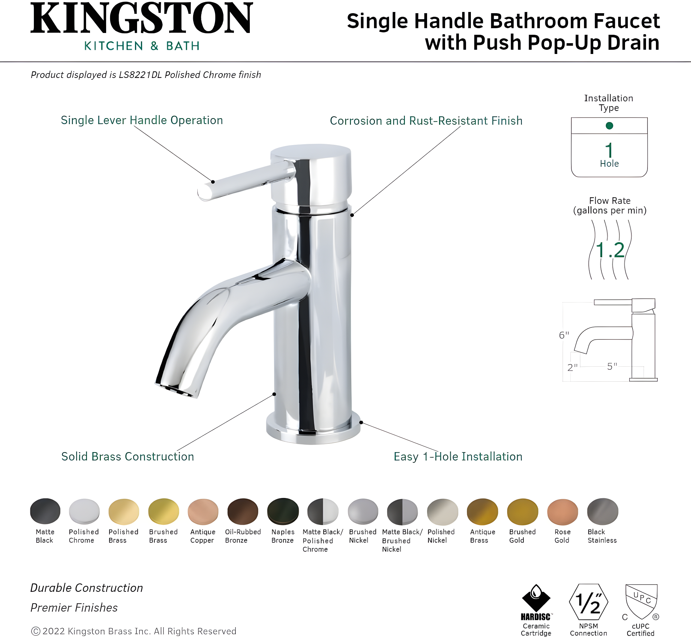 Kingston Brass Concord Single-Handle 1-Hole Deck Mount Bathroom Faucet with Push Pop-Up