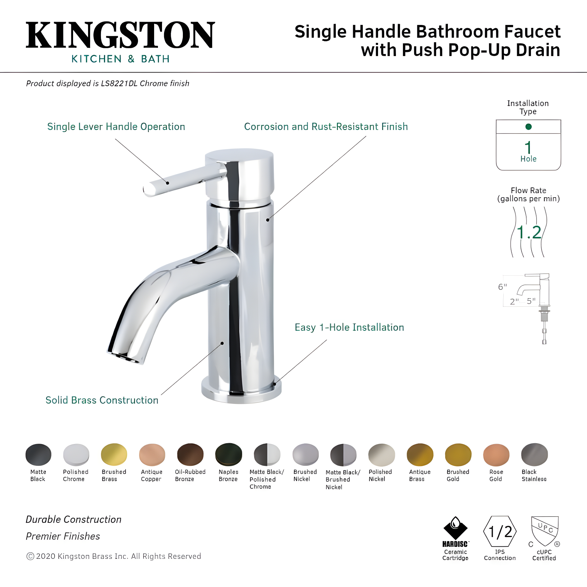 Kingston Brass Concord Single-Handle 1-Hole Deck Mount Bathroom Faucet with Push Pop-Up