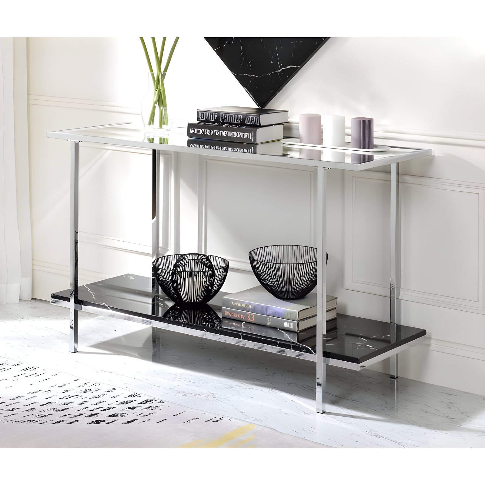 Ivy Bronx Angwin Mirrored Faux Marble & Chrome Console Table | Wayfair