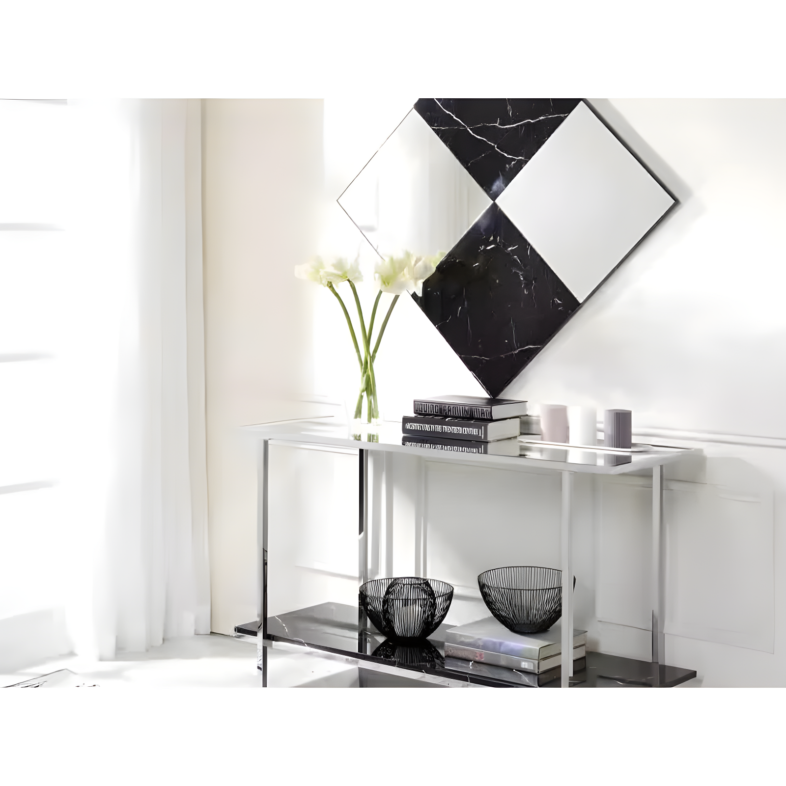 Ivy Bronx Angwin Mirrored Faux Marble & Chrome Console Table | Wayfair