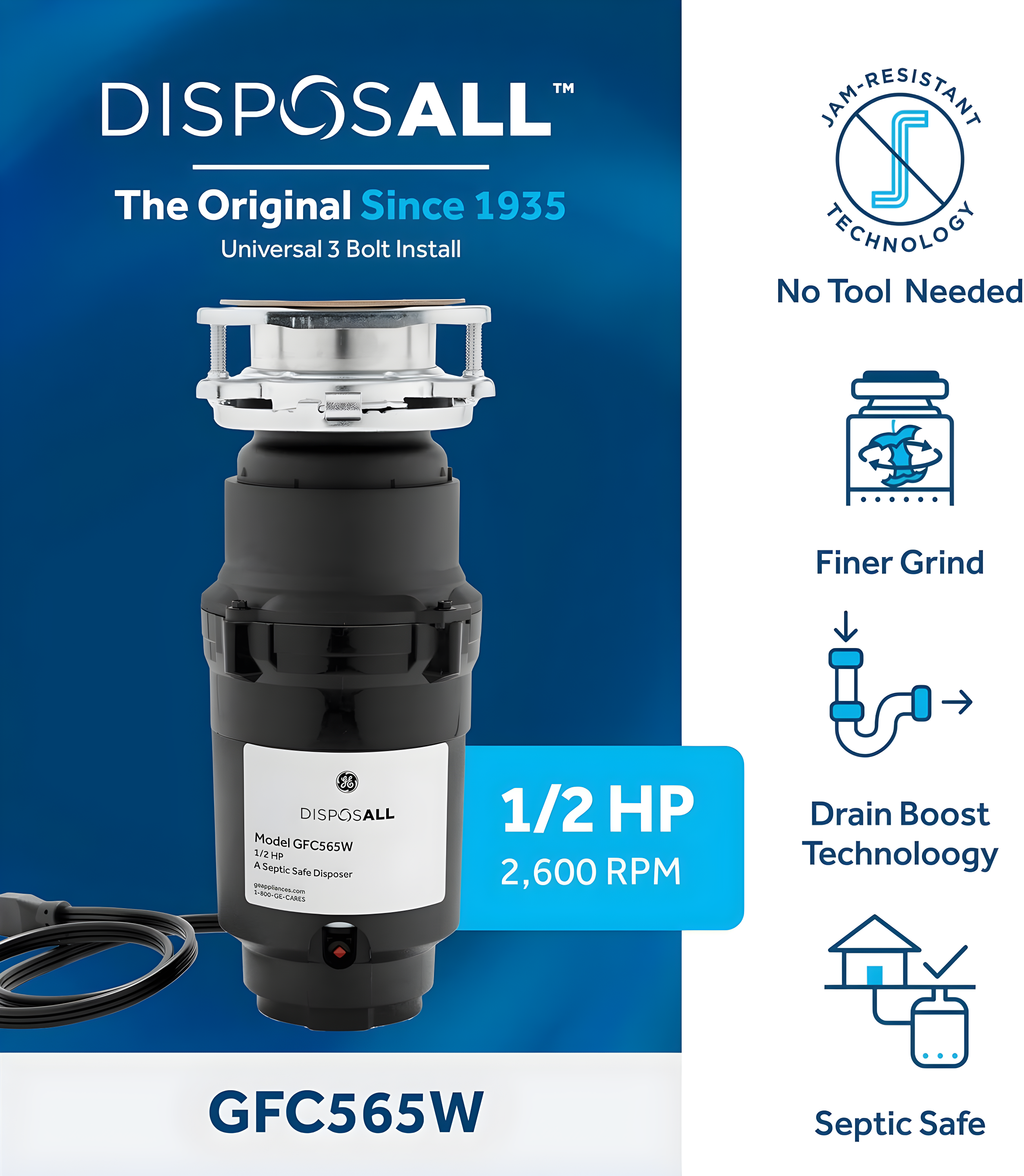 GE Appliances GE Disposall 1/2 HP Continuous Feed Garbage Disposer Corded