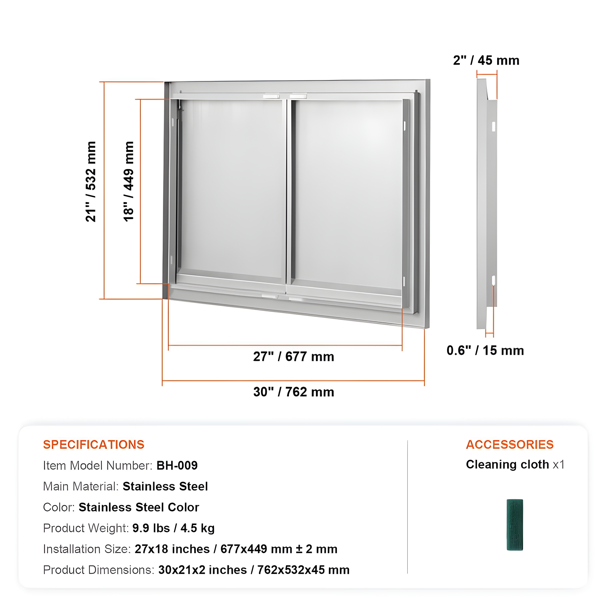 Stainless Steel Double BBQ Access Door with Hooks