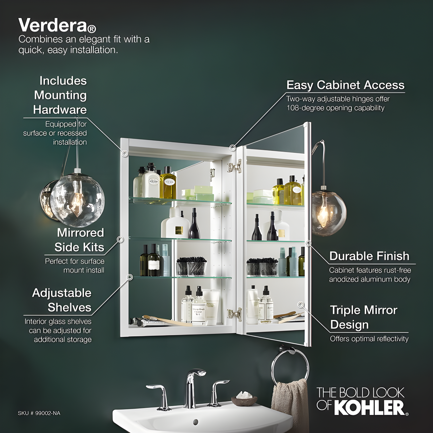 Verdera® Recessed or Surface Mount Frameless Medicine Cabinet with 3 Adjustable Shelves