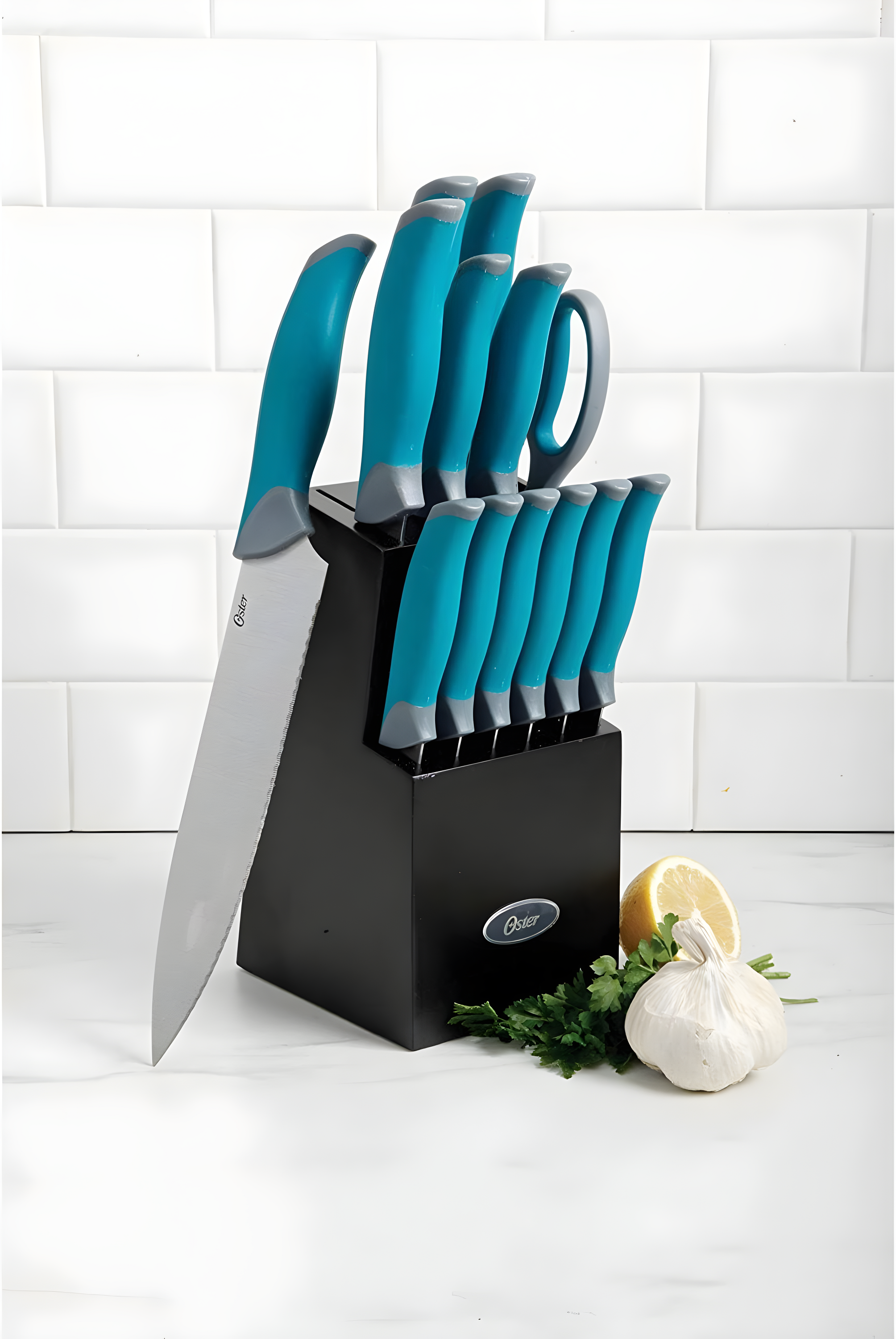 Oster Lindbergh 14 Piece Stainless Steel Cutlery Set in Teal with Wooden Block