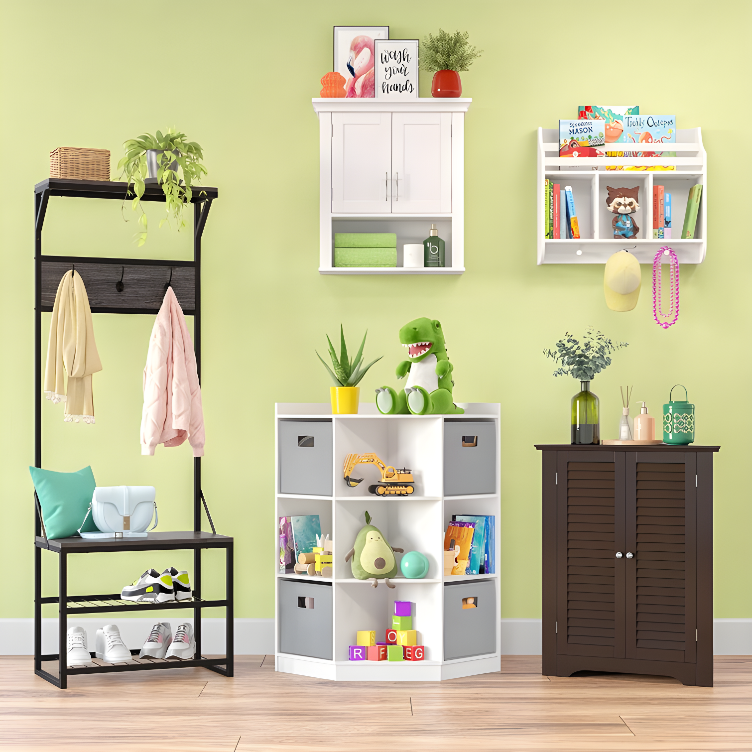 RiverRidge Home RiverRidge Afton Hall Tree Shoe Storage Organizer Cabinet with Hooks and Top Storage Shelf Entryway Bench Seat - Weathered Woodgrain and Black Metal Frame