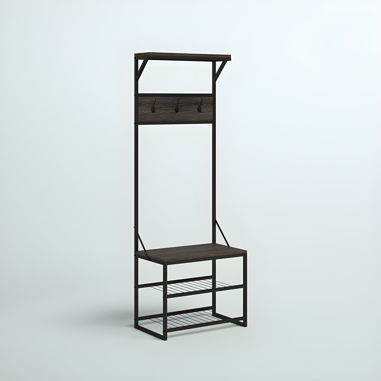 RiverRidge Home RiverRidge Afton Hall Tree Shoe Storage Organizer Cabinet with Hooks and Top Storage Shelf Entryway Bench Seat - Weathered Woodgrain and Black Metal Frame