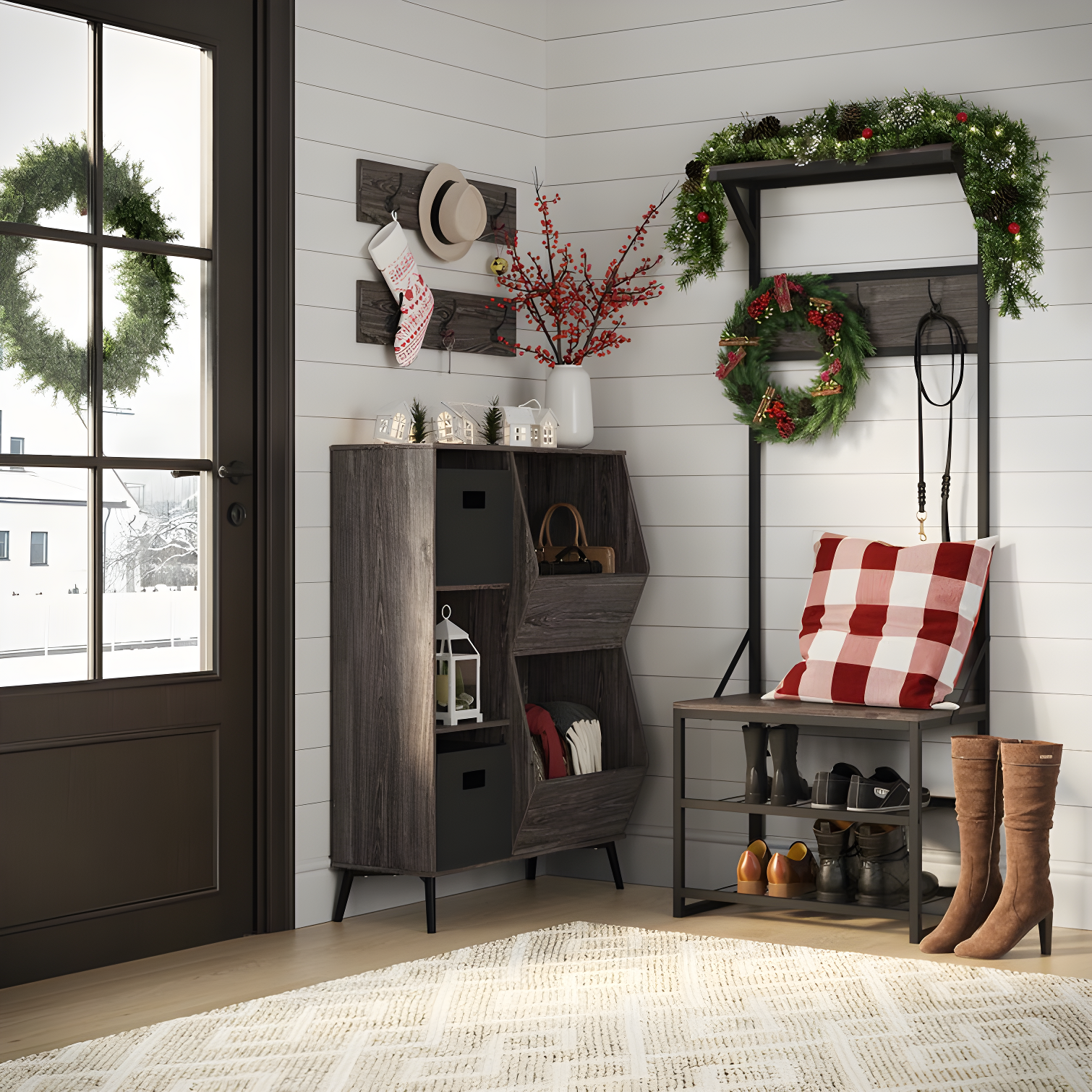RiverRidge Home RiverRidge Afton Hall Tree Shoe Storage Organizer Cabinet with Hooks and Top Storage Shelf Entryway Bench Seat - Weathered Woodgrain and Black Metal Frame