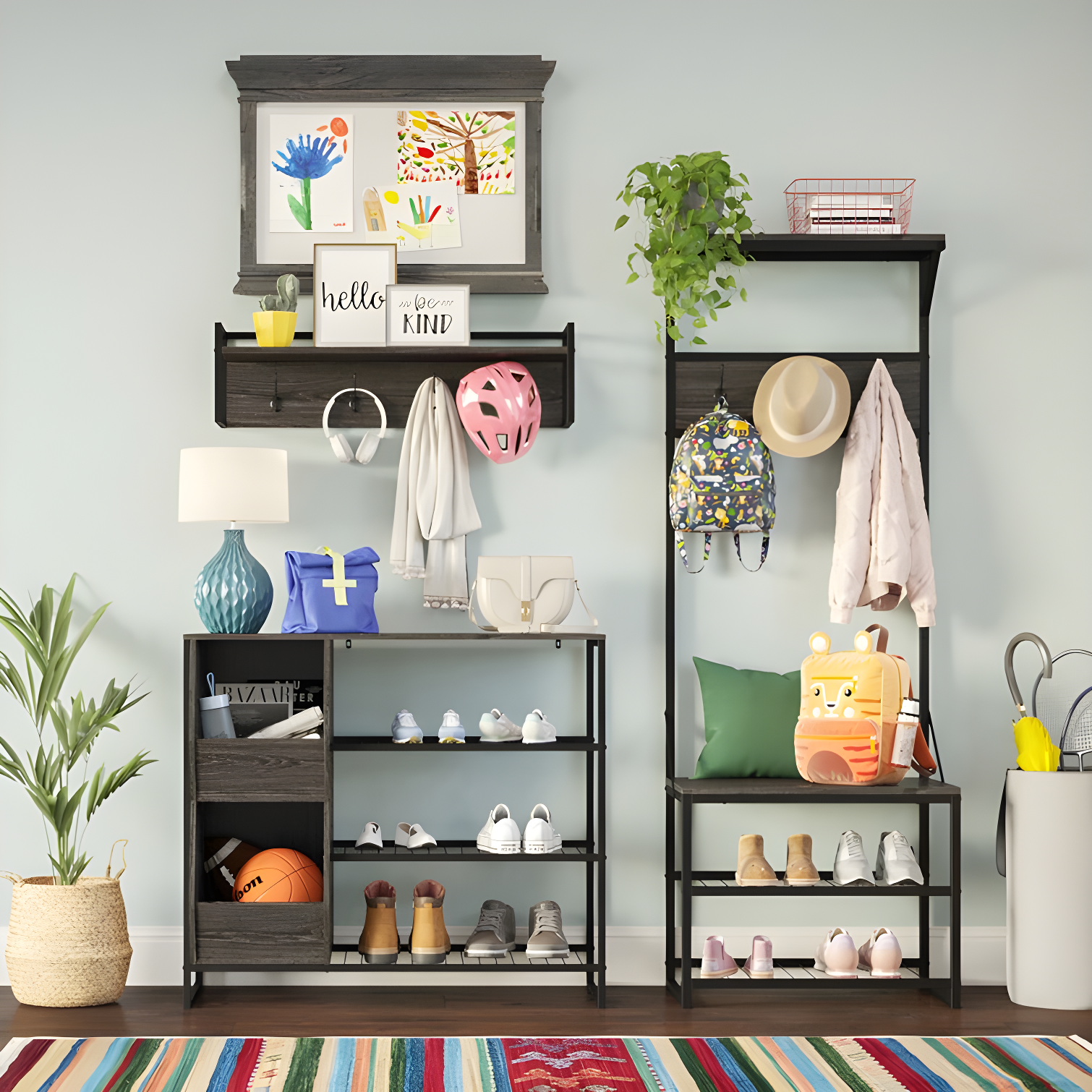 RiverRidge Home RiverRidge Afton Hall Tree Shoe Storage Organizer Cabinet with Hooks and Top Storage Shelf Entryway Bench Seat - Weathered Woodgrain and Black Metal Frame
