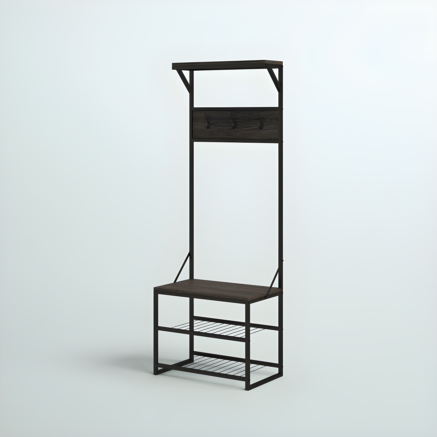 RiverRidge Home RiverRidge Afton Hall Tree Shoe Storage Organizer Cabinet with Hooks and Top Storage Shelf Entryway Bench Seat - Weathered Woodgrain and Black Metal Frame