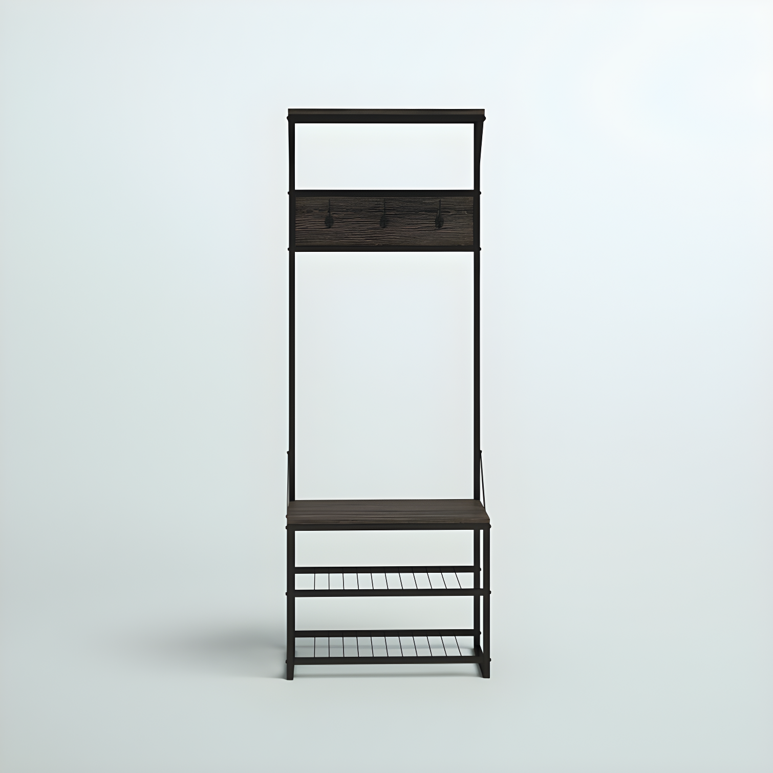 RiverRidge Home RiverRidge Afton Hall Tree Shoe Storage Organizer Cabinet with Hooks and Top Storage Shelf Entryway Bench Seat - Weathered Woodgrain and Black Metal Frame