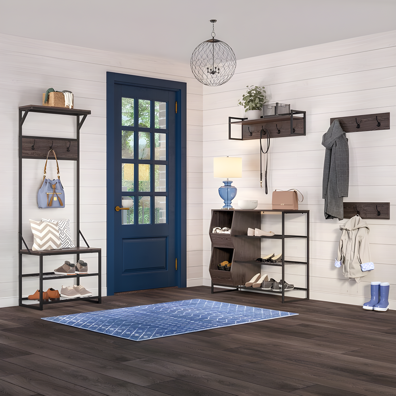 RiverRidge Home RiverRidge Afton Hall Tree Shoe Storage Organizer Cabinet with Hooks and Top Storage Shelf Entryway Bench Seat - Weathered Woodgrain and Black Metal Frame