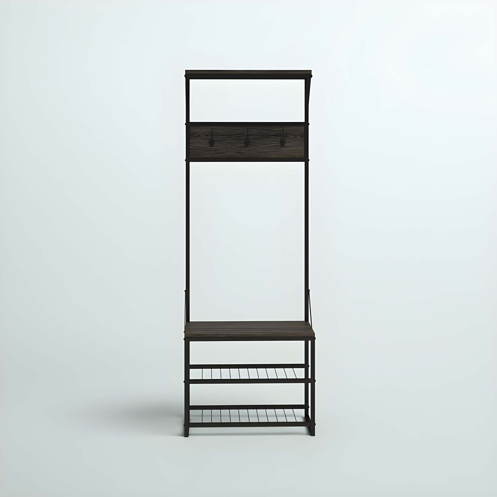 RiverRidge Home RiverRidge Afton Hall Tree Shoe Storage Organizer Cabinet with Hooks and Top Storage Shelf Entryway Bench Seat - Weathered Woodgrain and Black Metal Frame