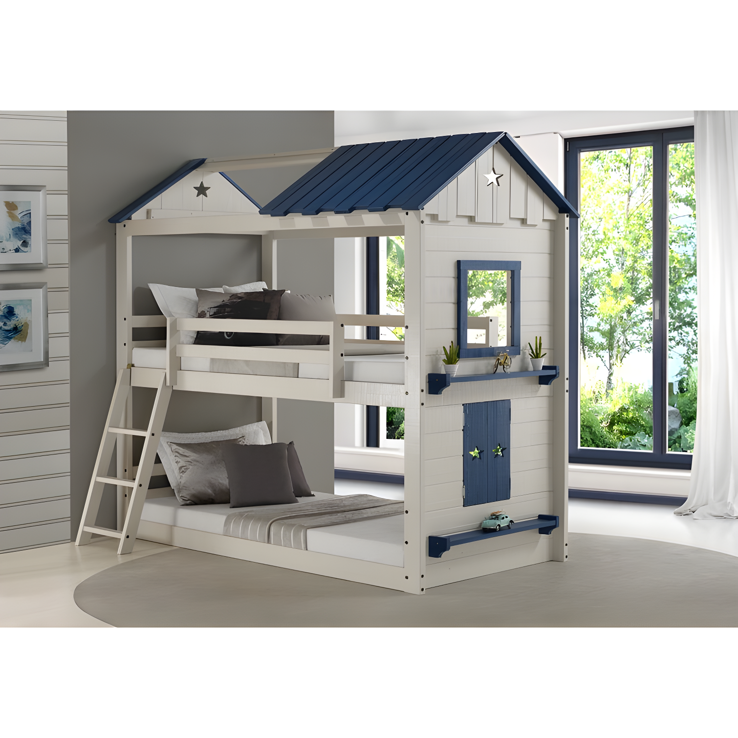 Donco Kids Star Gazer Twin Over Twin Grey & Blue House Bunkbed