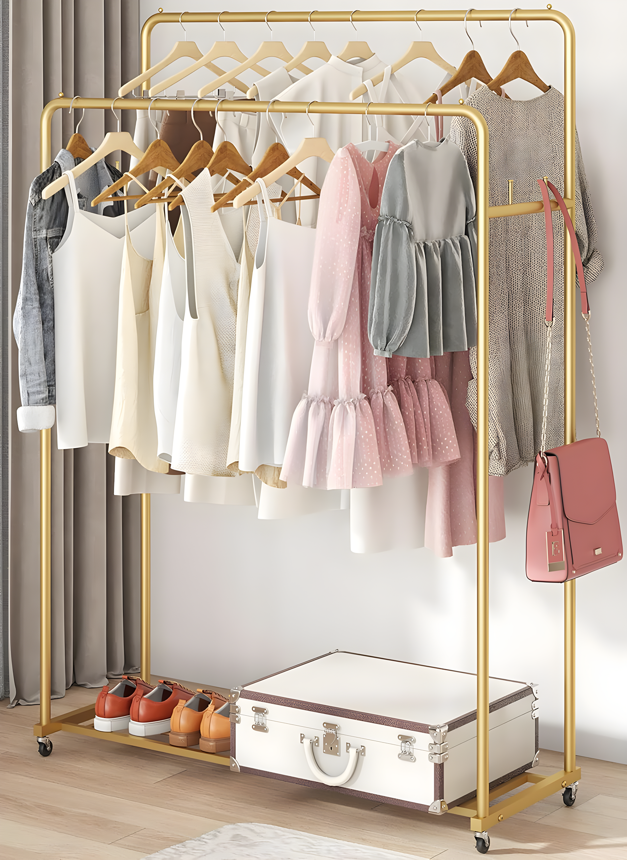 Laiensia Double Rods Garment Rack with Wheels, Clothing Rack for Hanging Clothes,4 Hooks, Multi-Functional Bedroom Clothes Rack, Gold