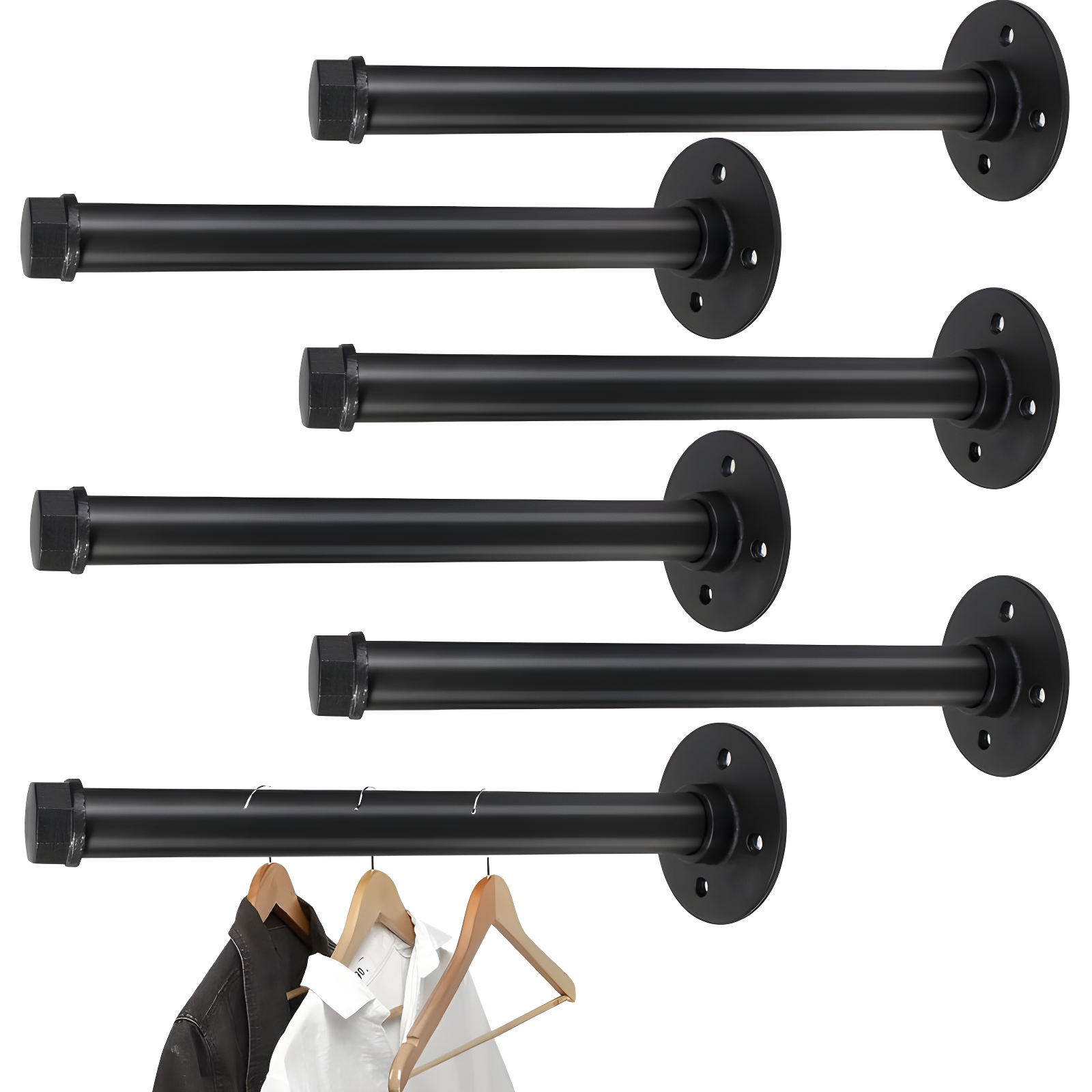 Trent Austin Design® 6 Pcs Industrial Pipe Clothes Bar 10 Inch - Wall Mount Clothing Rack - Face Out Closet Rods