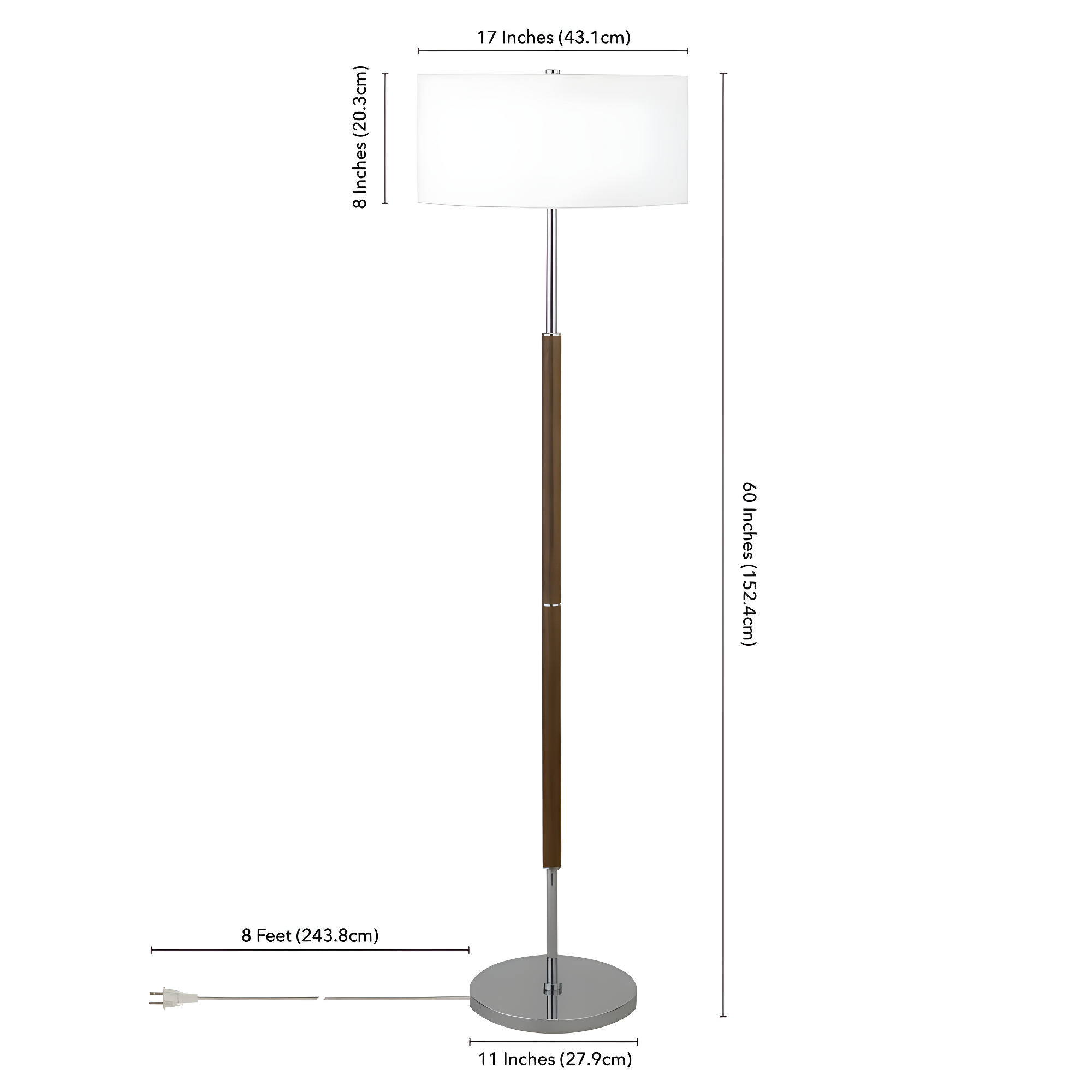 Evelyn&Zoe Simone 2-Light Floor Lamp with Fabric Shade, Rustic Oak/Polished Nickel/White