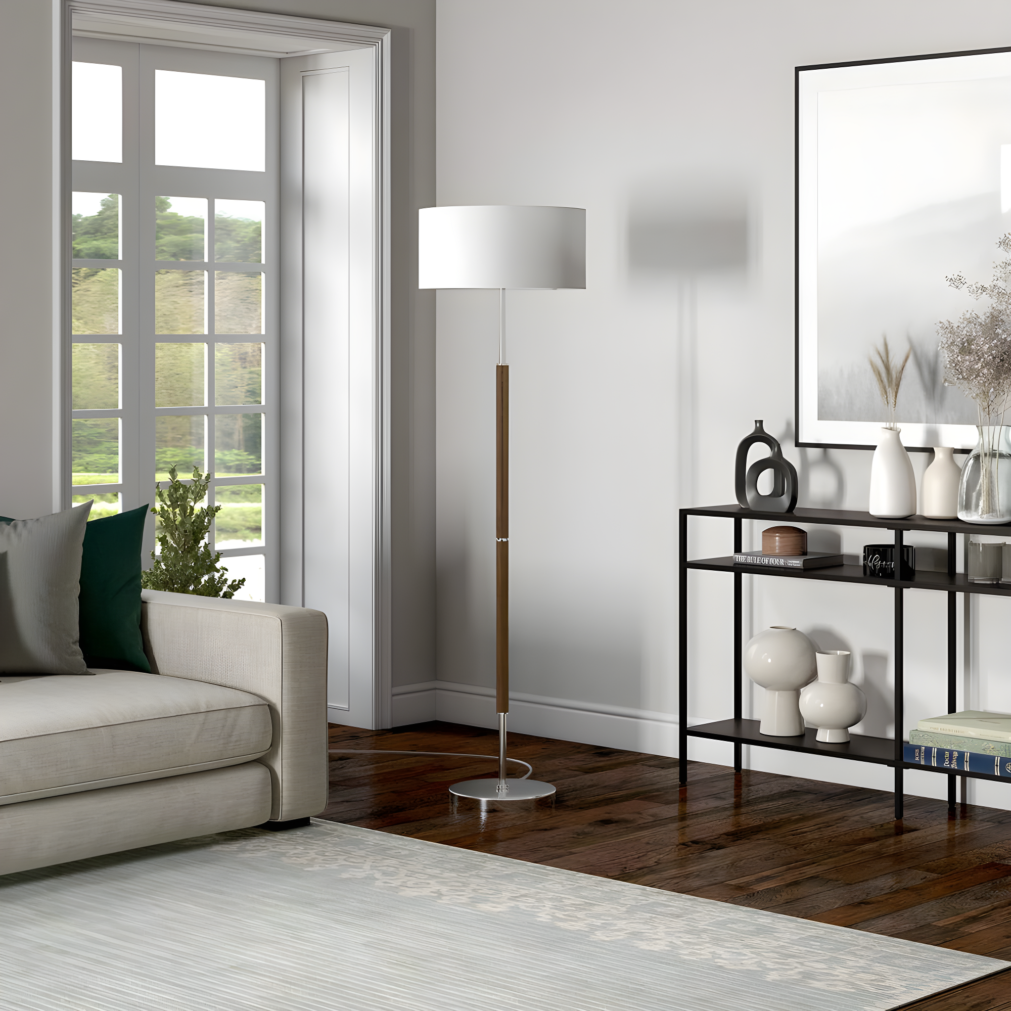 Evelyn&Zoe Simone 2-Light Floor Lamp with Fabric Shade, Rustic Oak/Polished Nickel/White