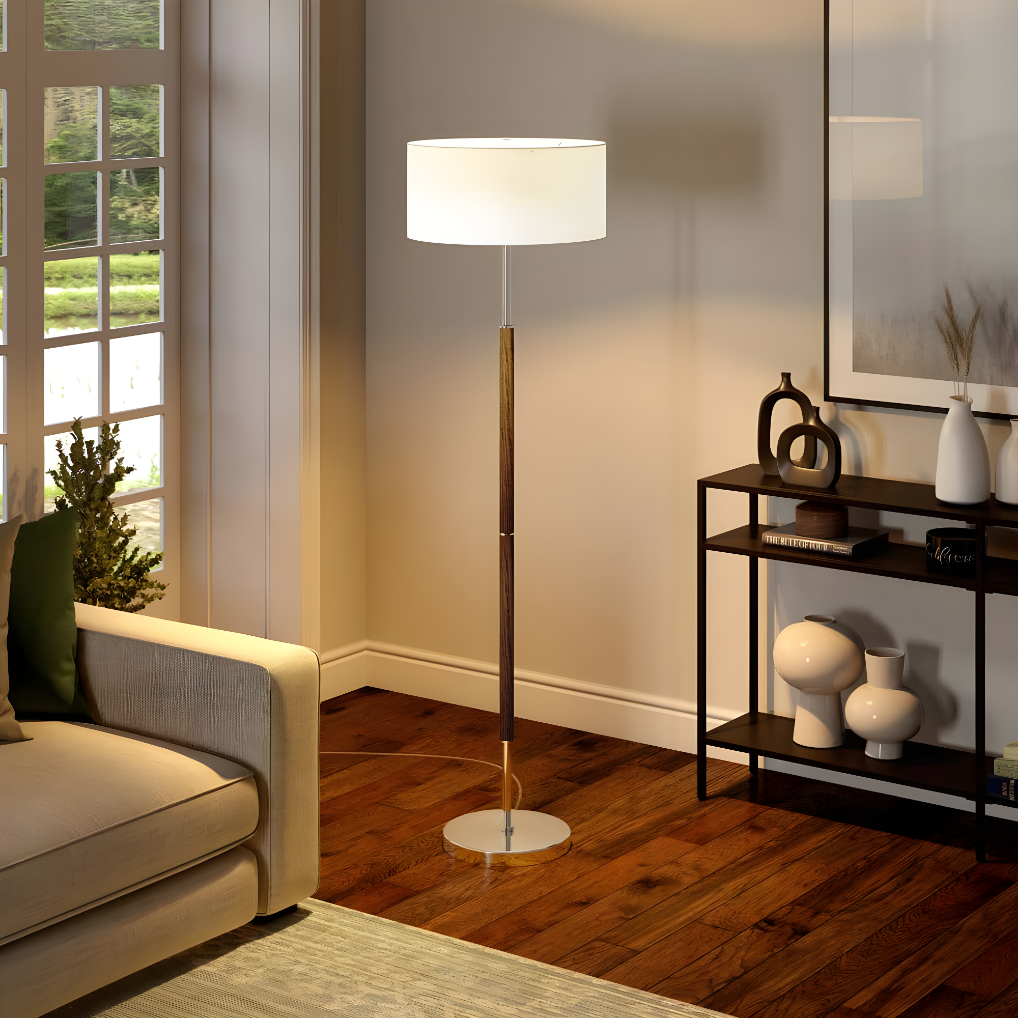 Evelyn&Zoe Simone 2-Light Floor Lamp with Fabric Shade, Rustic Oak/Polished Nickel/White