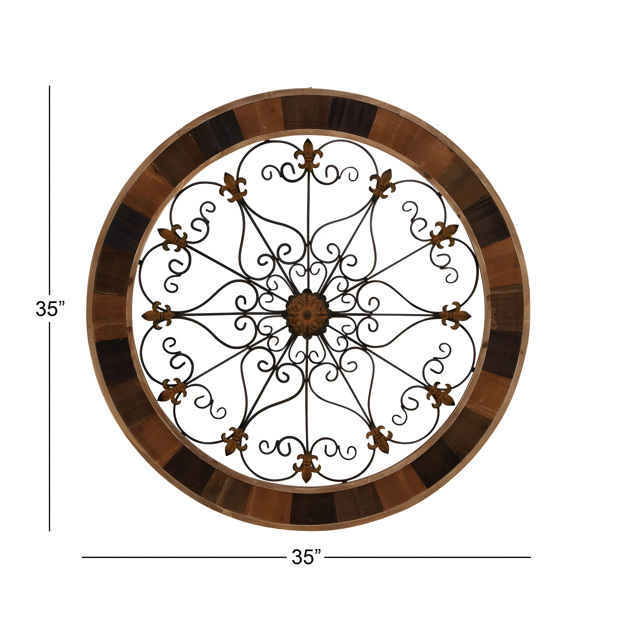 DecMode Brown Wood Arabesque Scroll Wall Decor with Metal Fleur De Lis Relief